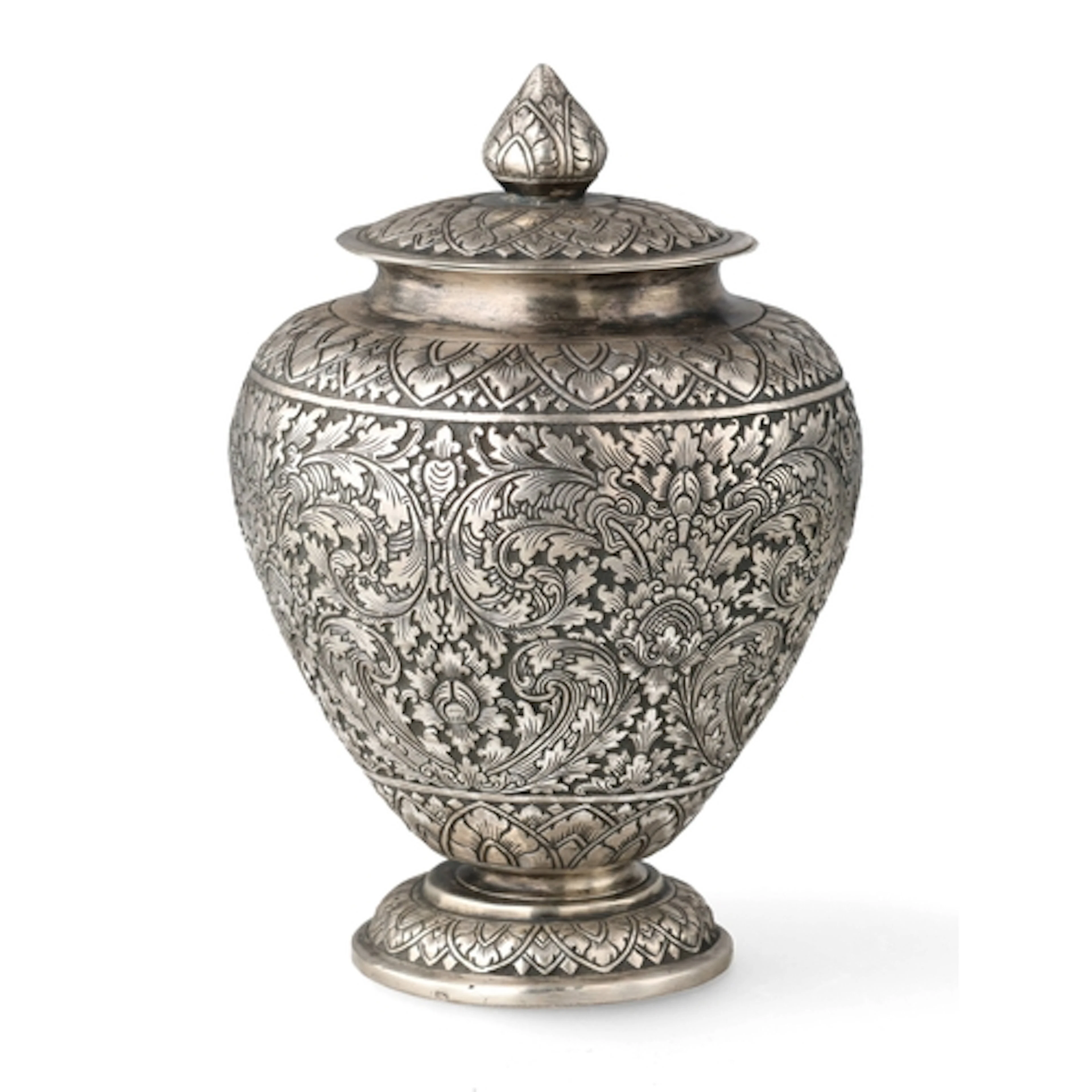 AN ENGRAVED AND CHASED CAMBODIAN SILVER VASE AND LID, CIRCA ...