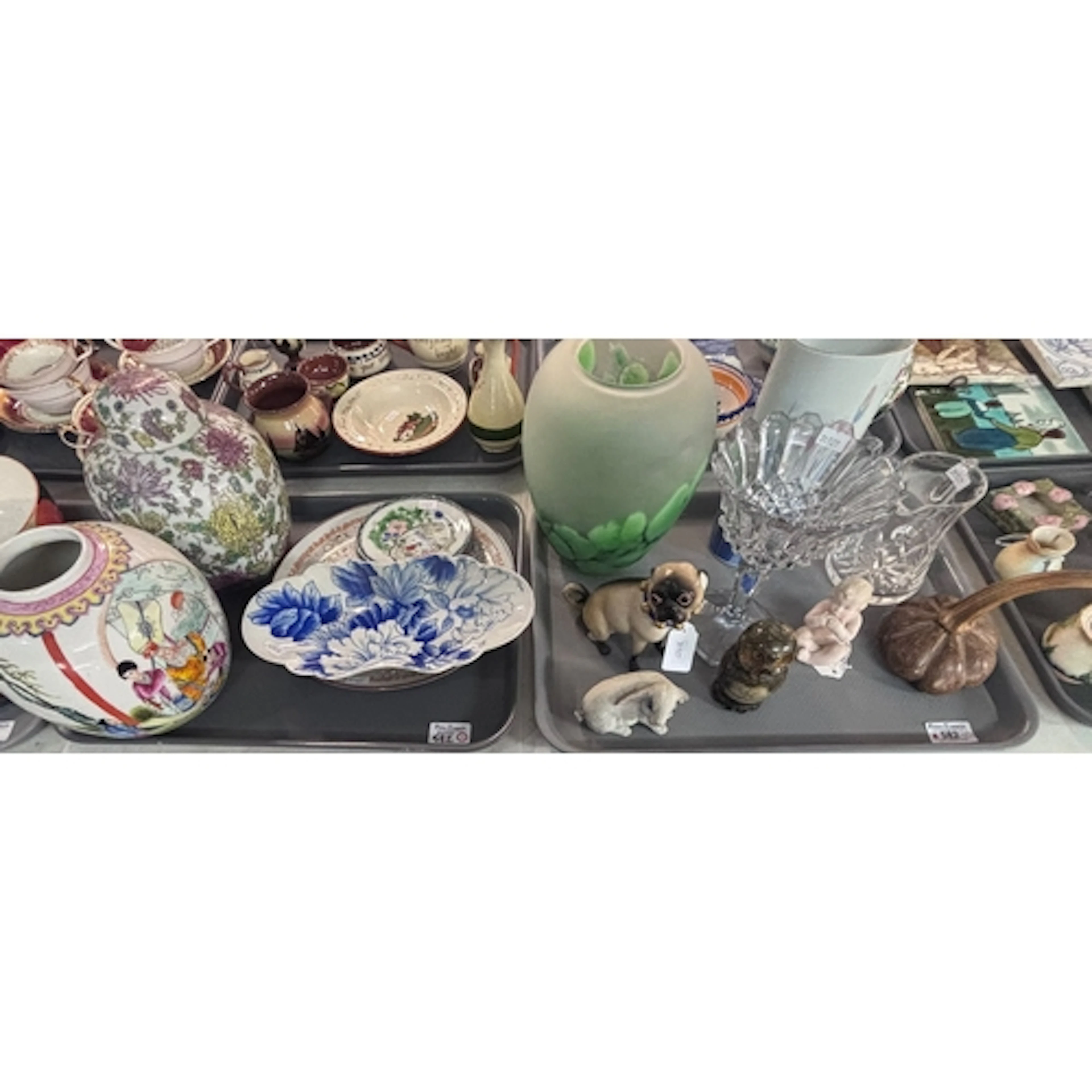 Two trays of ceramic and glass, to include German study of a...