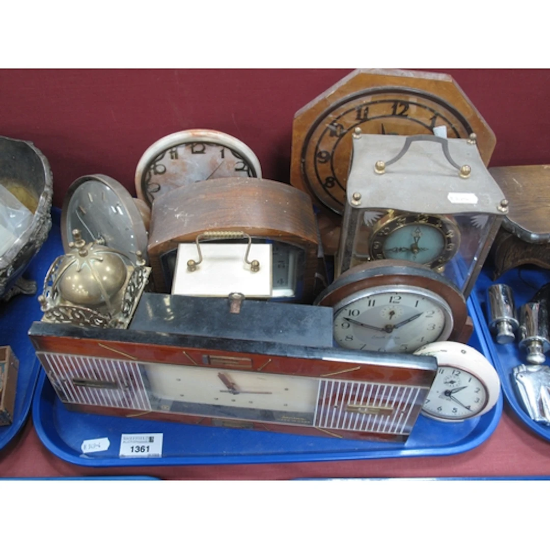 Ten vintage wooden mantel and table clocks, including brass ...