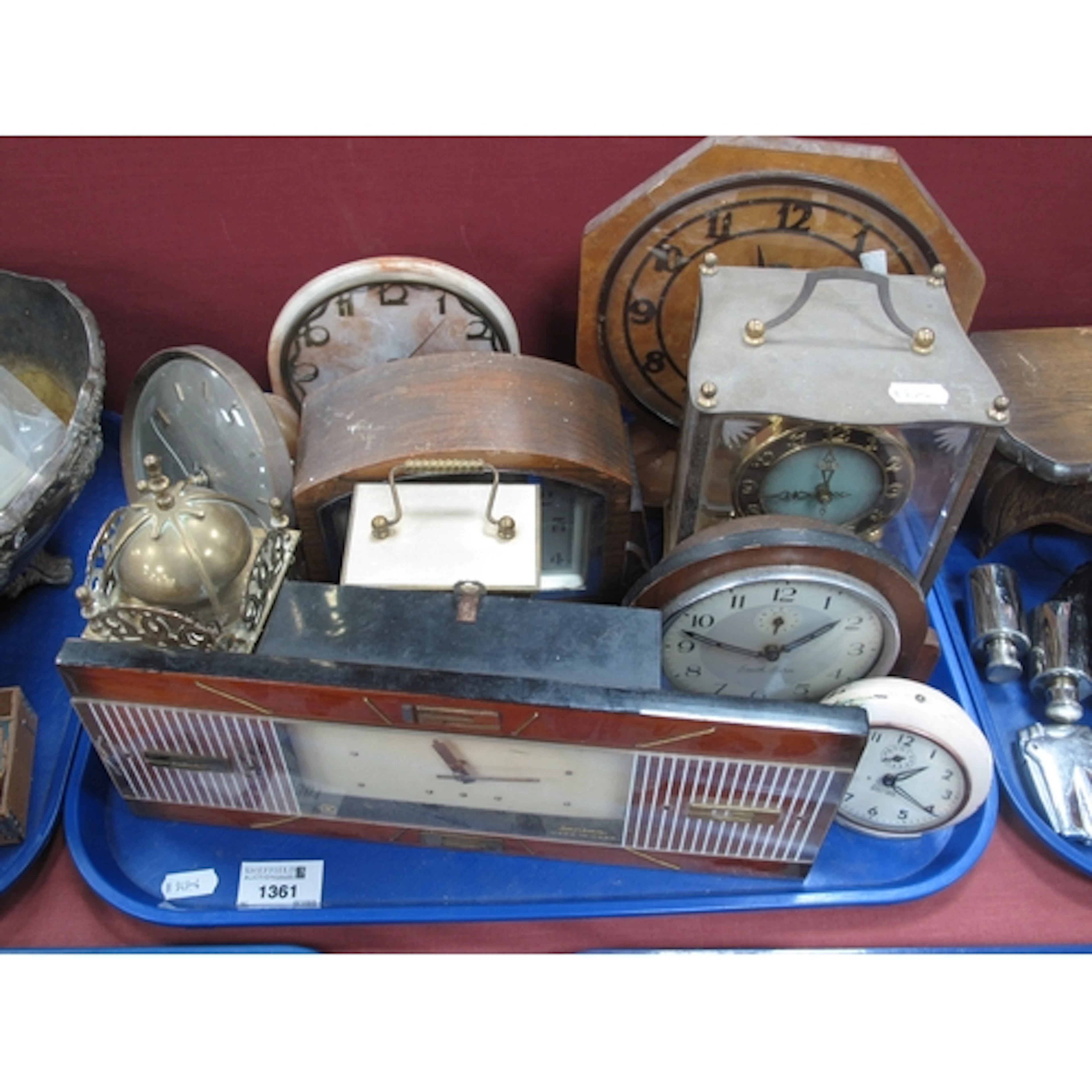 Ten vintage wooden mantel and table clocks, including brass ...