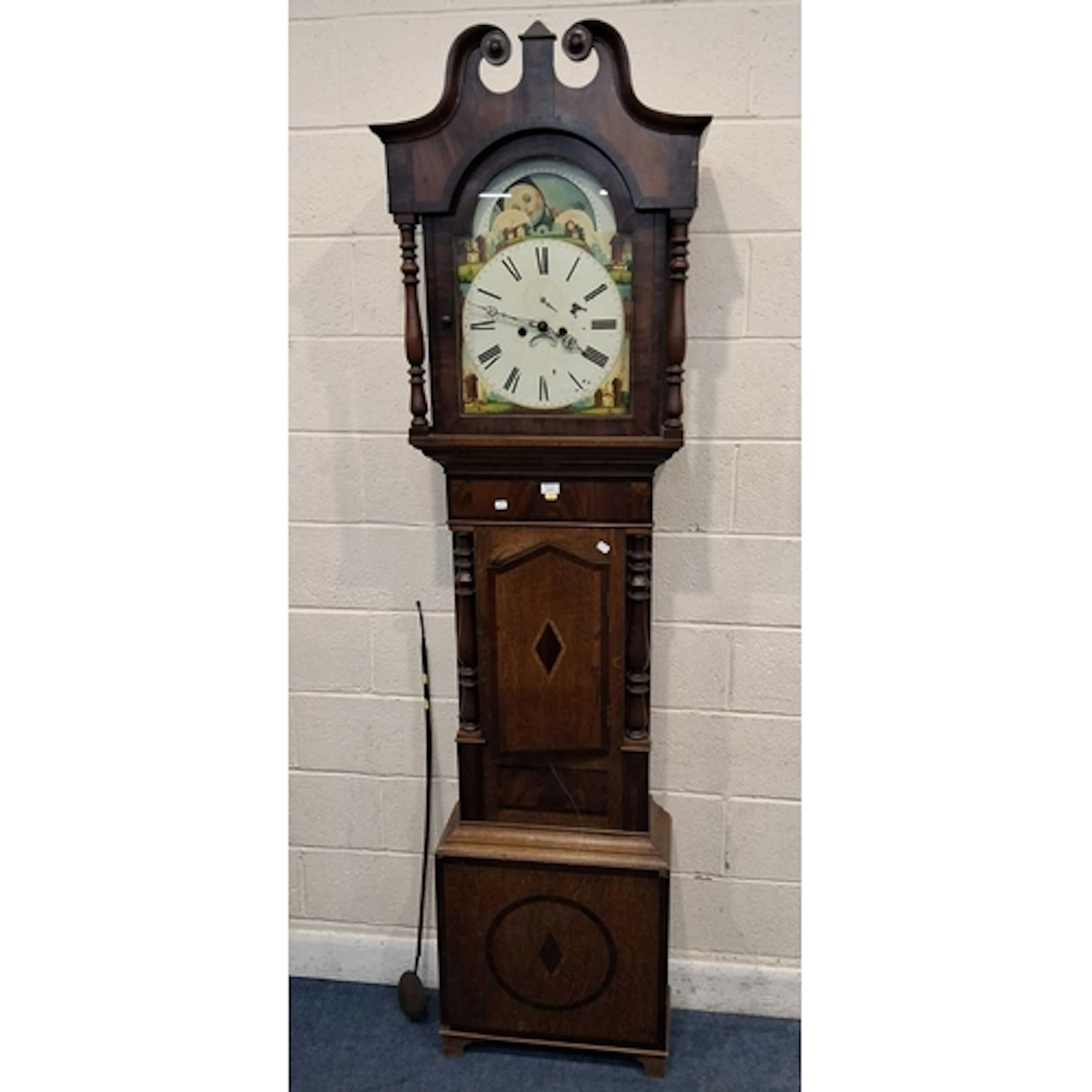AN OAK AND MAHOGANY CASED LONGCASE CLOCK, with twin swan nec...