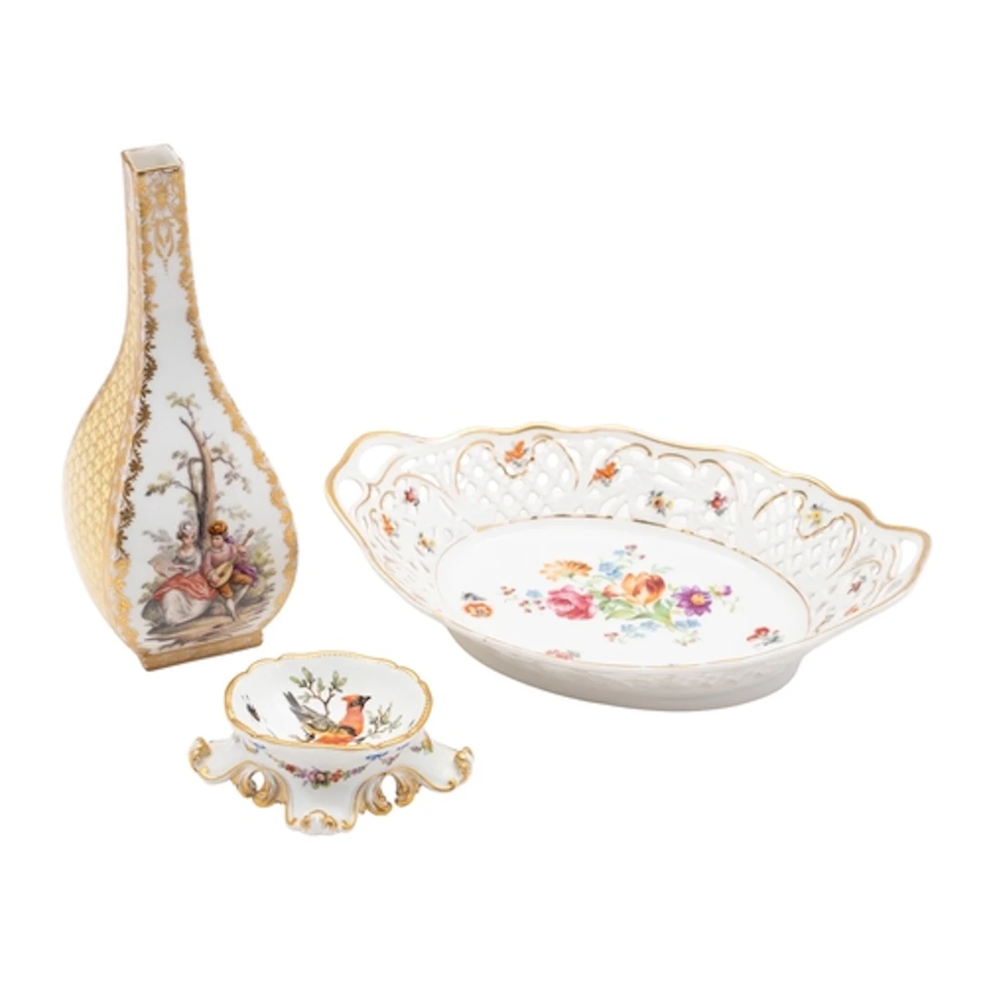 A Meissen salt, a Dresden vase and a similar basket, 19th ce...
