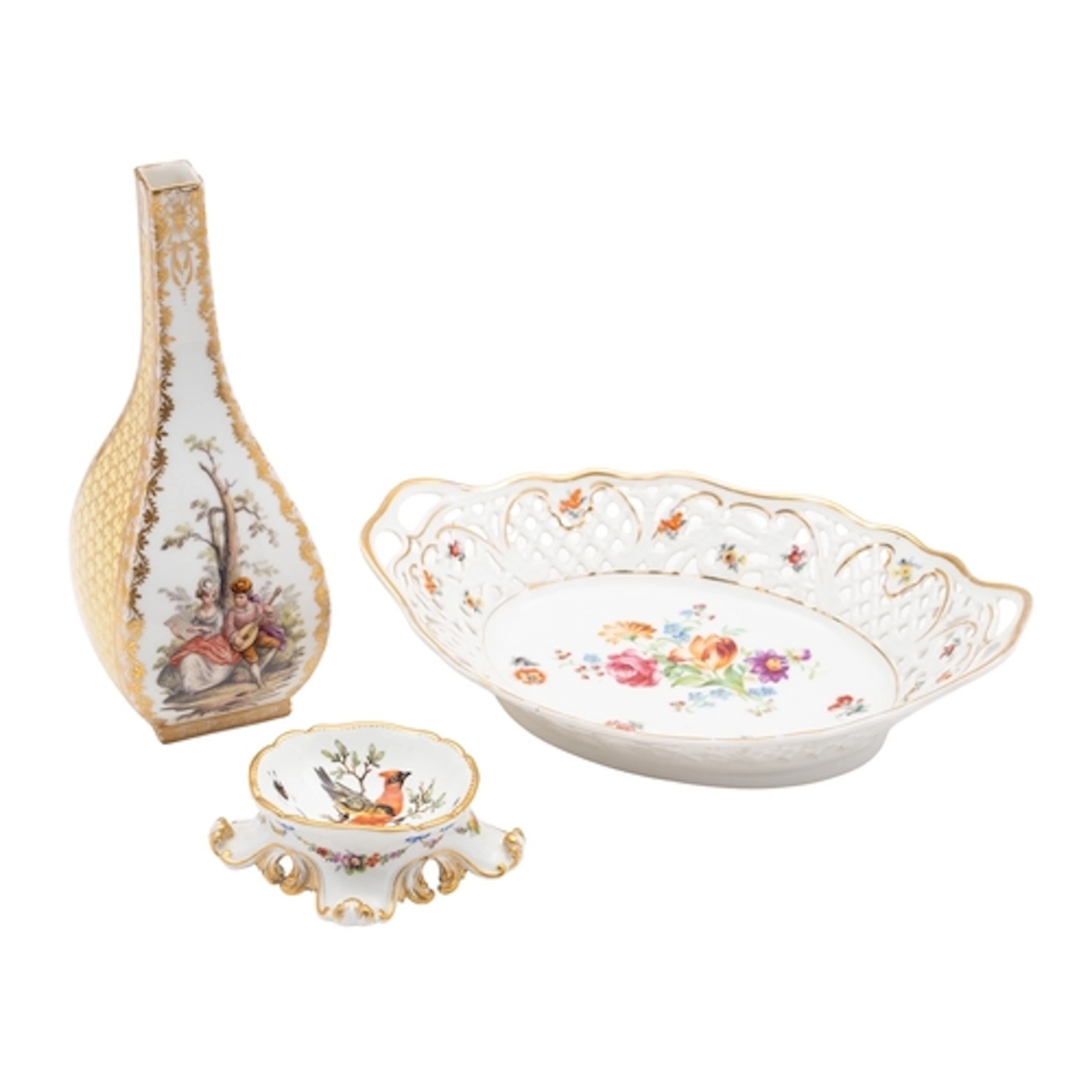 A Meissen salt, a Dresden vase and a similar basket, 19th ce...