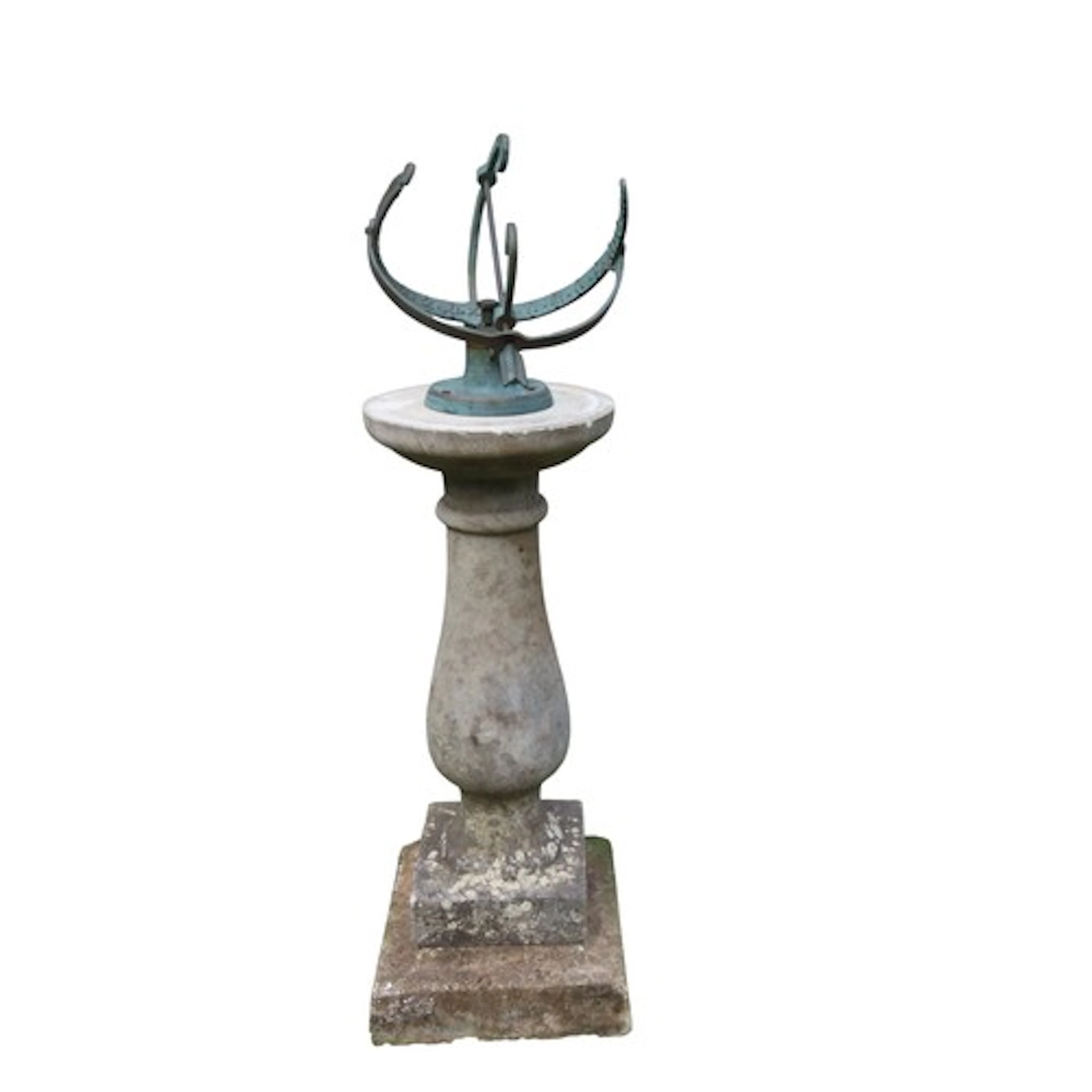 A Verdigris cast brass armillary sun dial mounted on a weath...