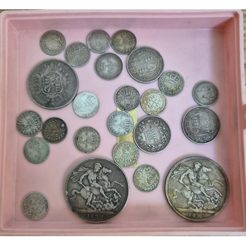 A tray of pre 1920 GB silver coins to include 2 crowns (1893...