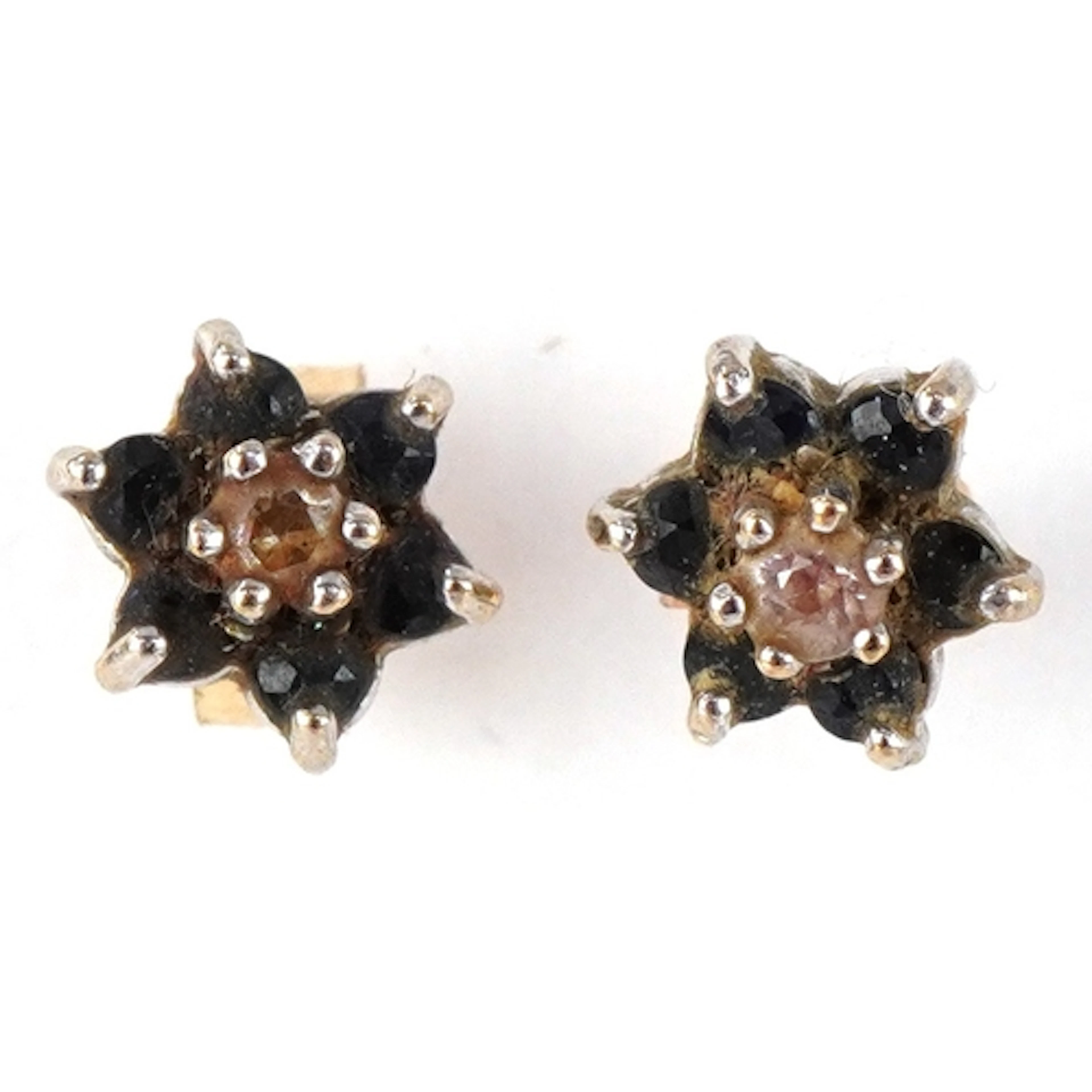 Pair of 9ct gold blue spinel and clear stone cluster stud ea...
