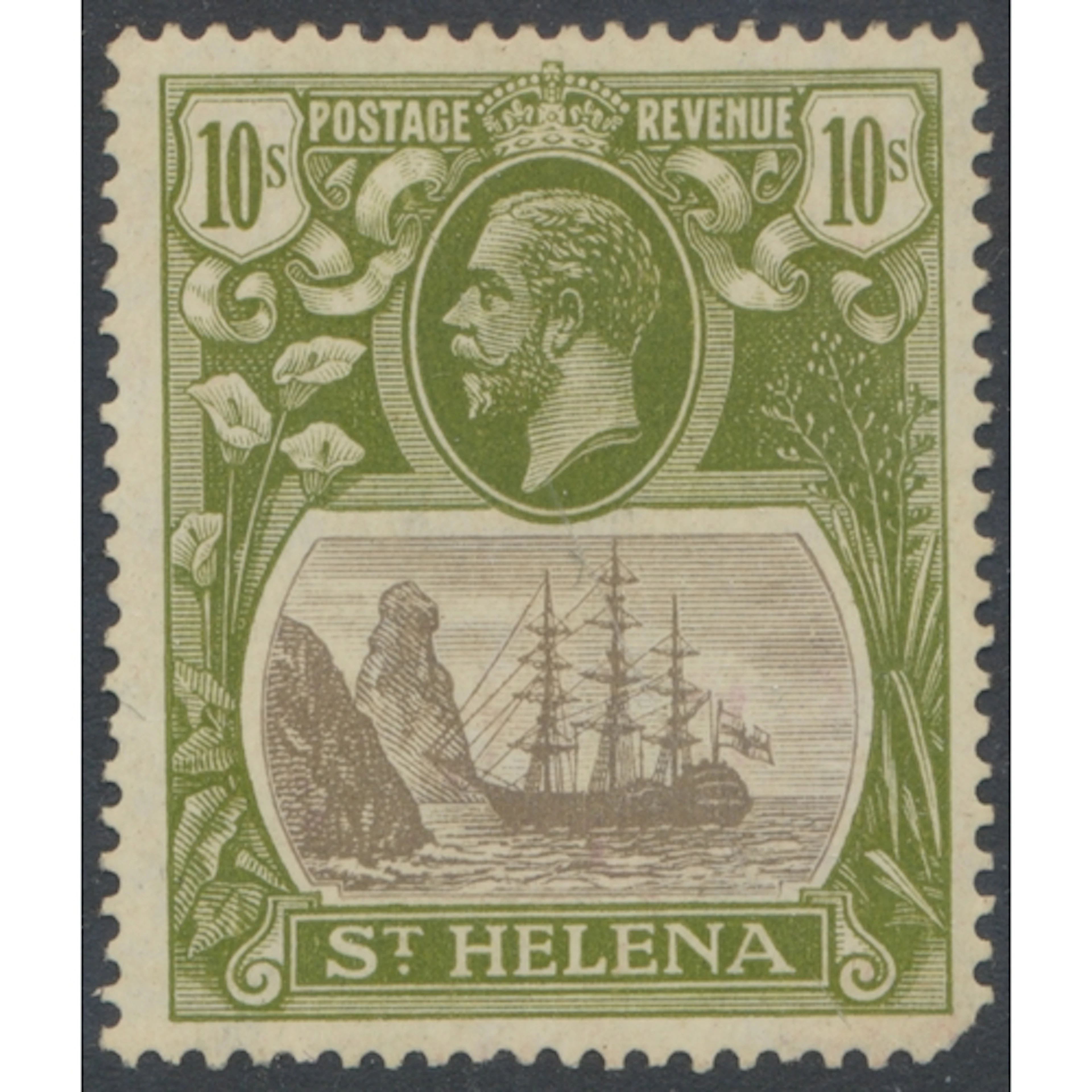 St Helena. 1922-37 10/- grey and olive-green showing 'Torn F...