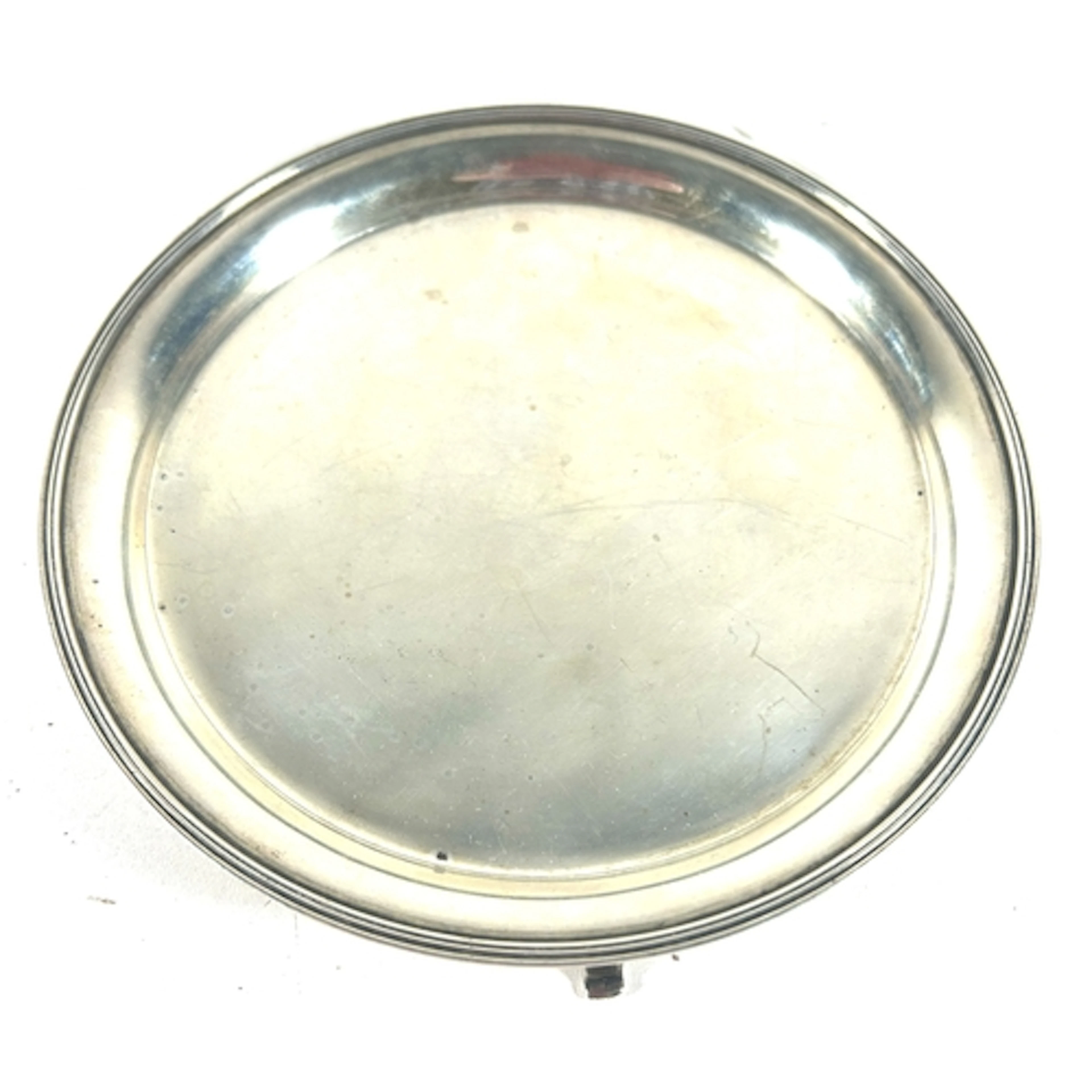 A silver letter tray on 3 tapered feet, 6" dia. Chester 1902...