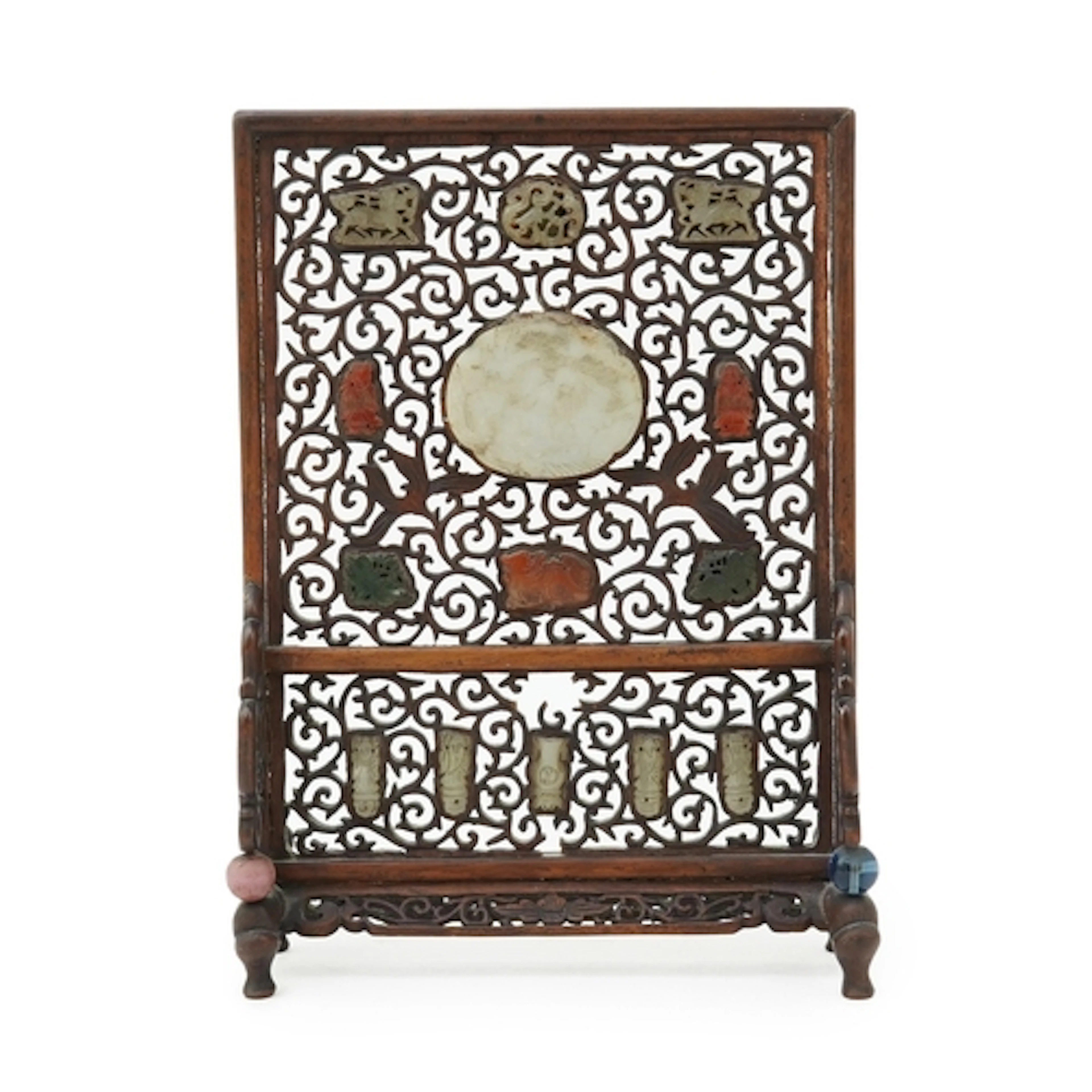A Chinese jade and hardstone mounted hongmu table screen, la...