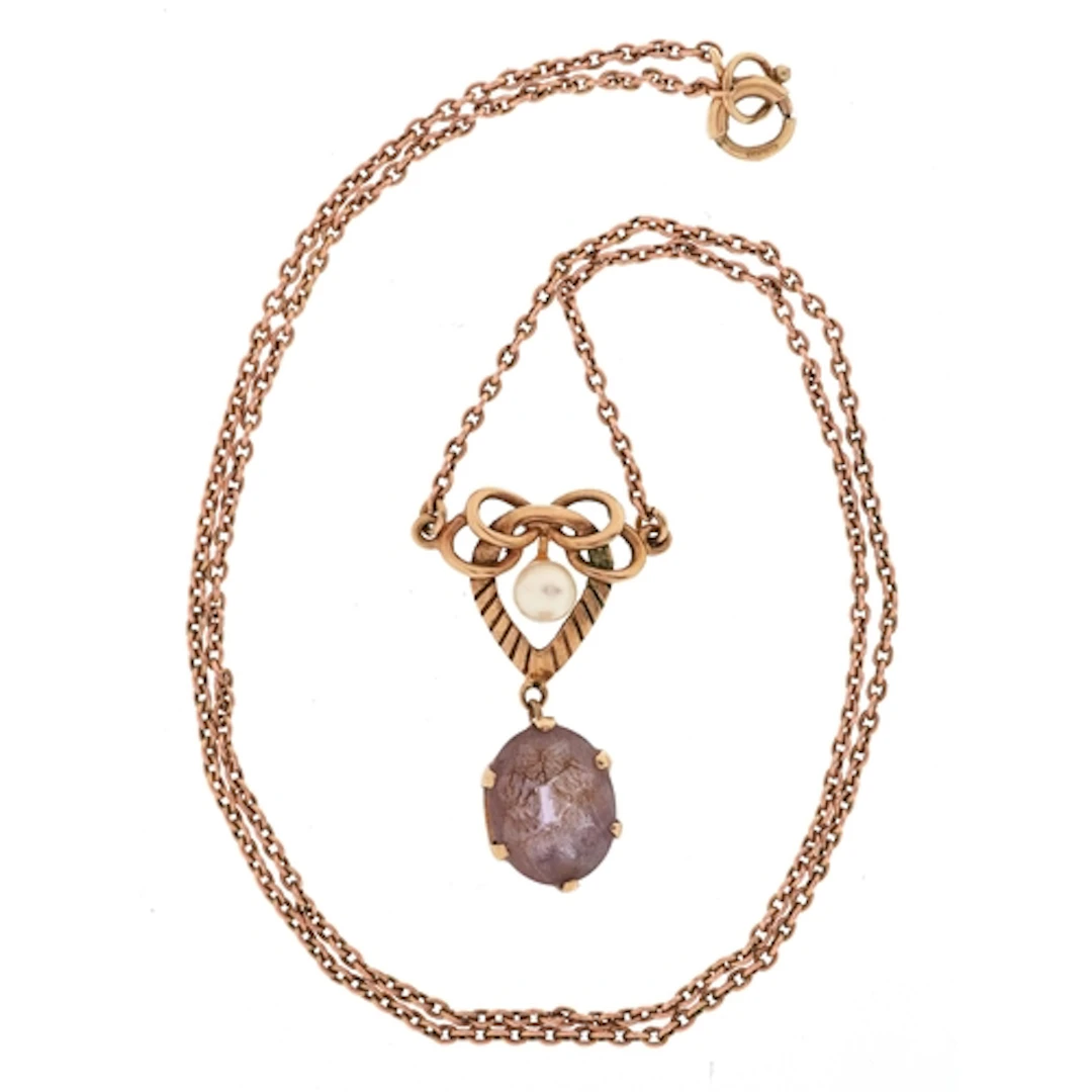 Art Nouveau style 9ct gold amethyst and cultured pearl neckl...