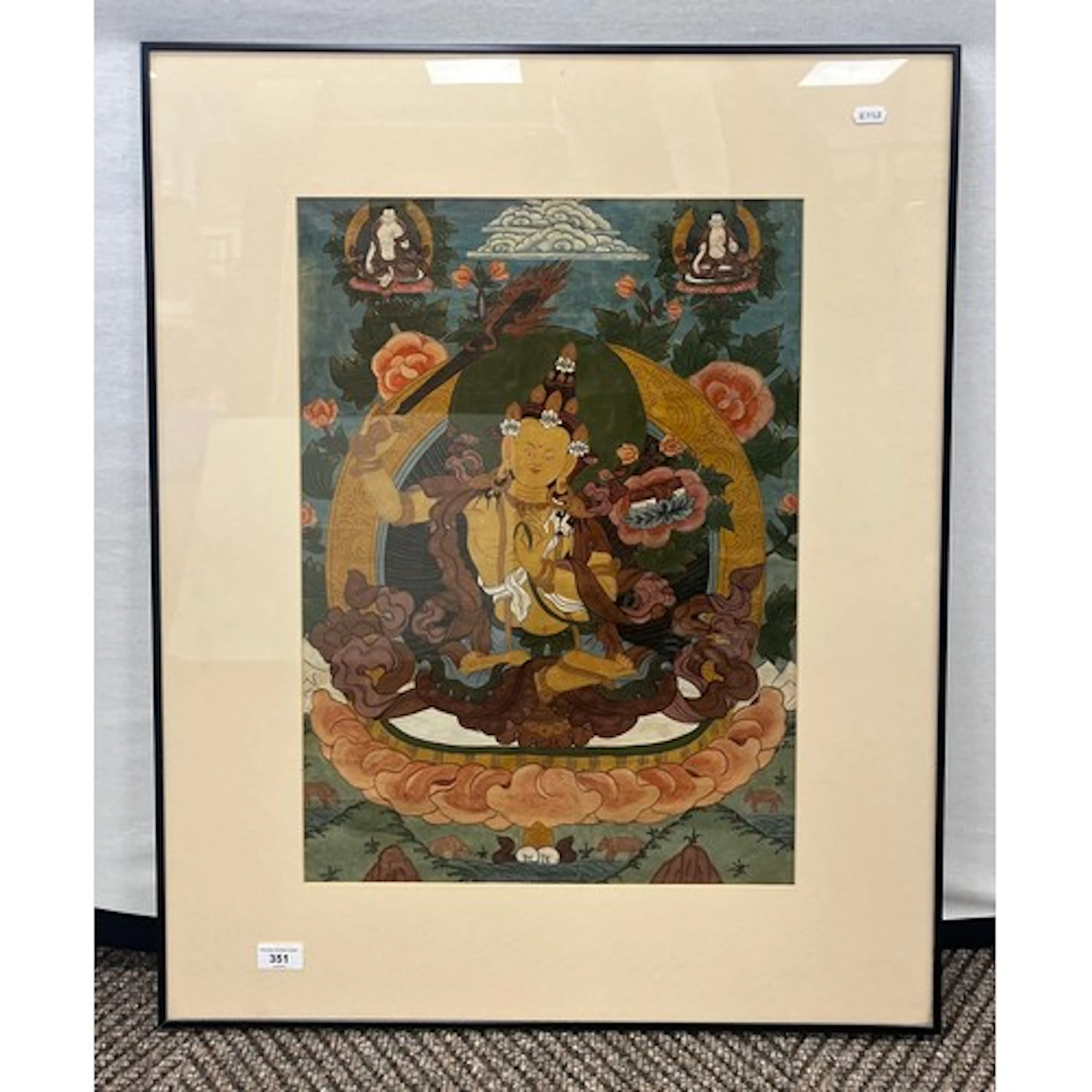 Framed Japanese Buddha watercolour, 57cm x 41cm.