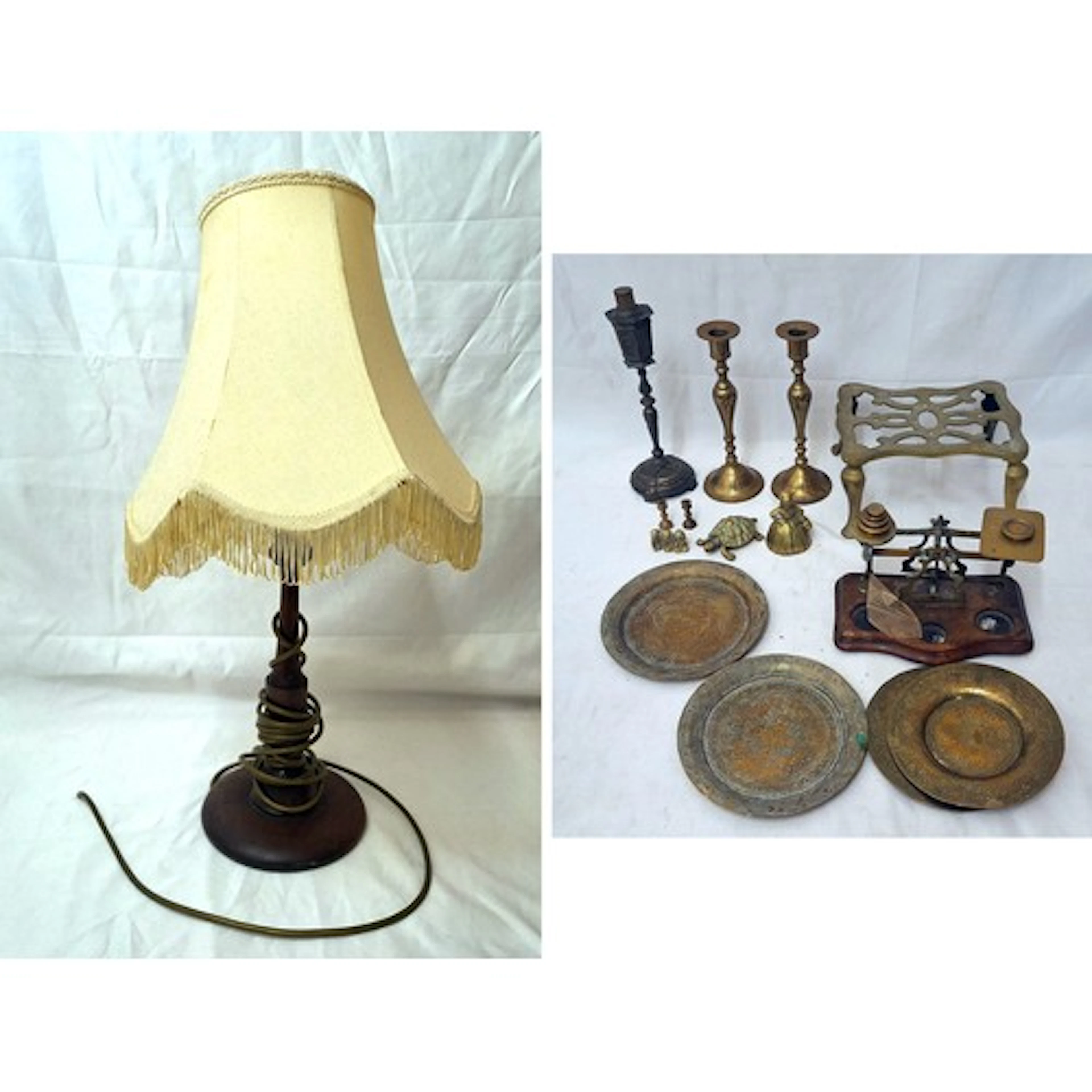 Turned Wooden Vintage Lamp with cream tasselled shade approx...