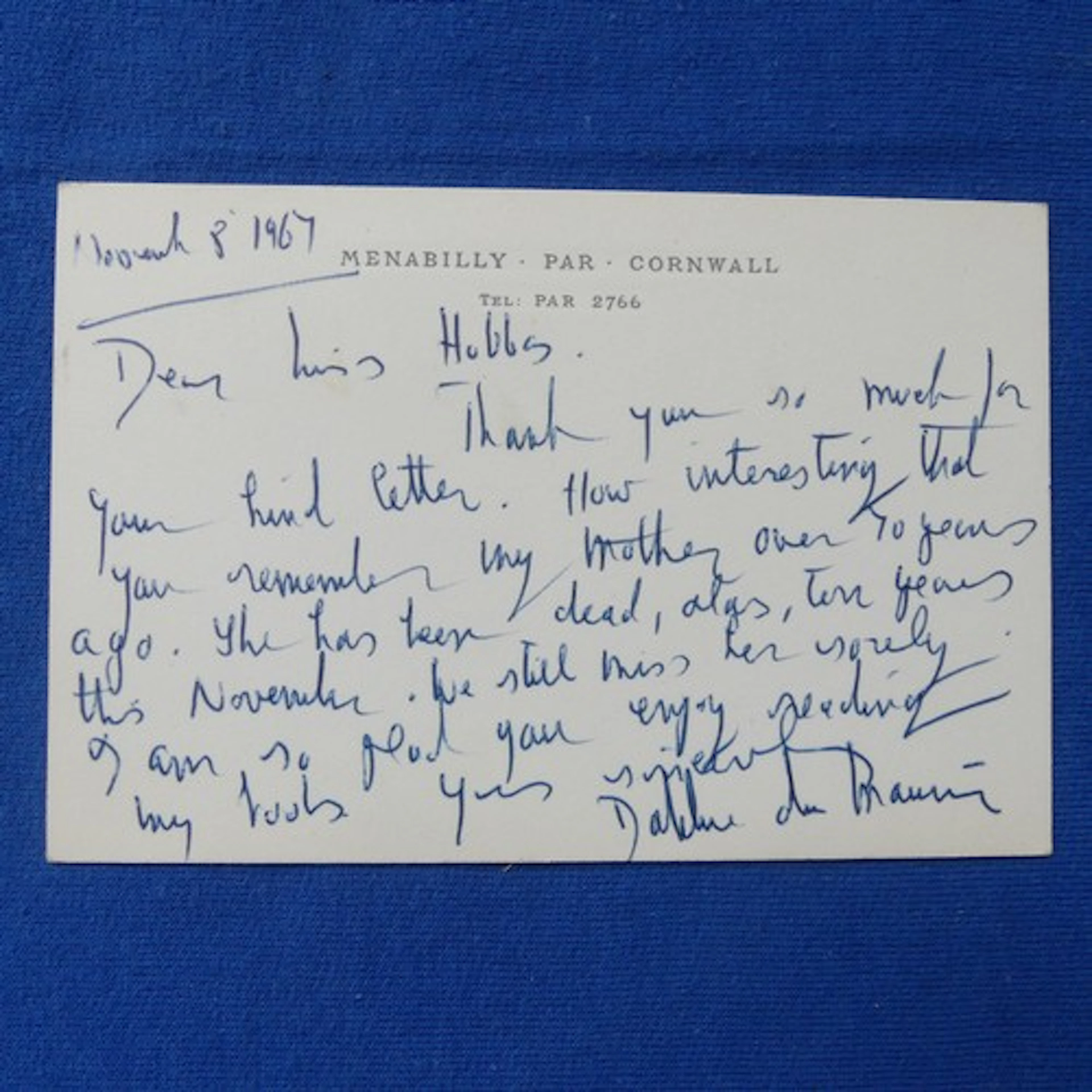 Daphne du Maurier (1907-1989); Autograph Postcard, signed an...