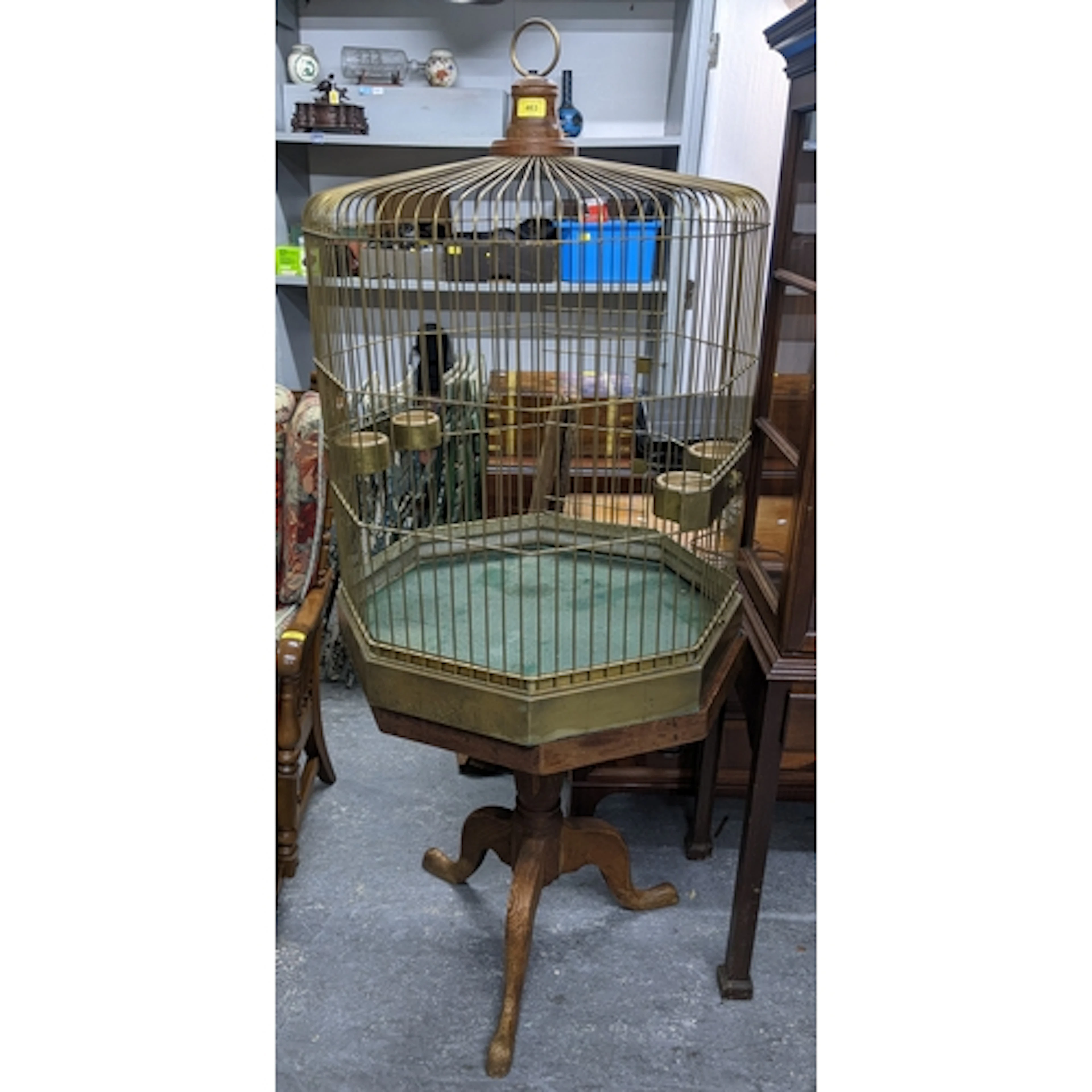 Large Edwardian brass wire parrot cage on an oak pedestal st...