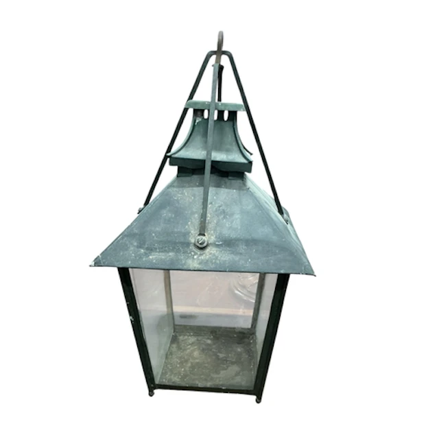 A square wrought iron lantern, width 38cm, depth 38cm, heigh...