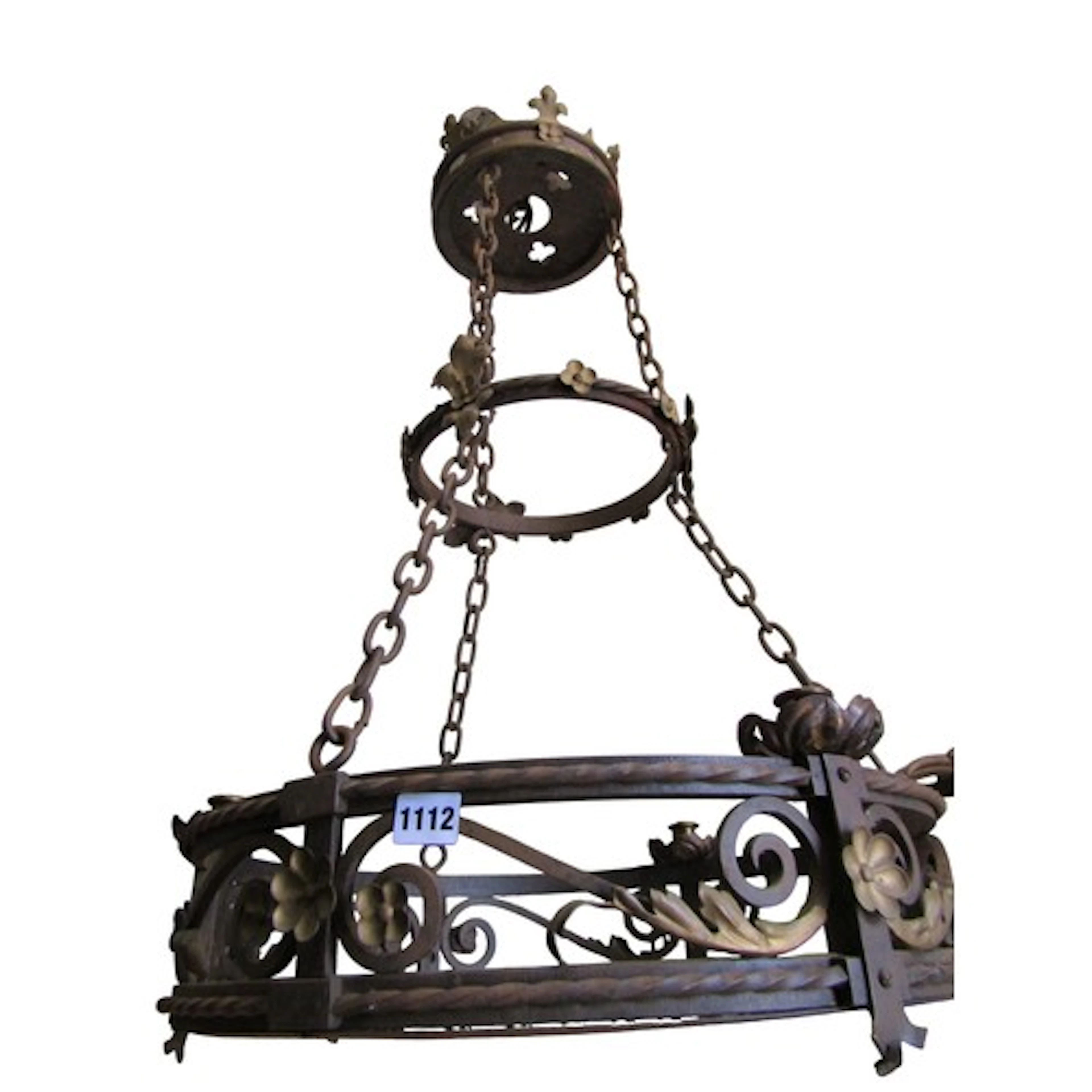 A Victorian ironwork chandelier on three tiers, supporting f...