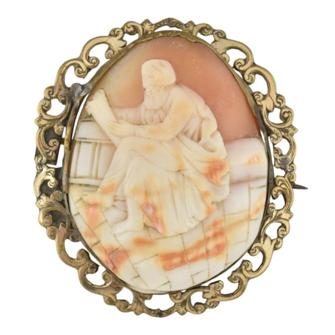 A Victorian plated metal carved shell cameo philosopher broo...