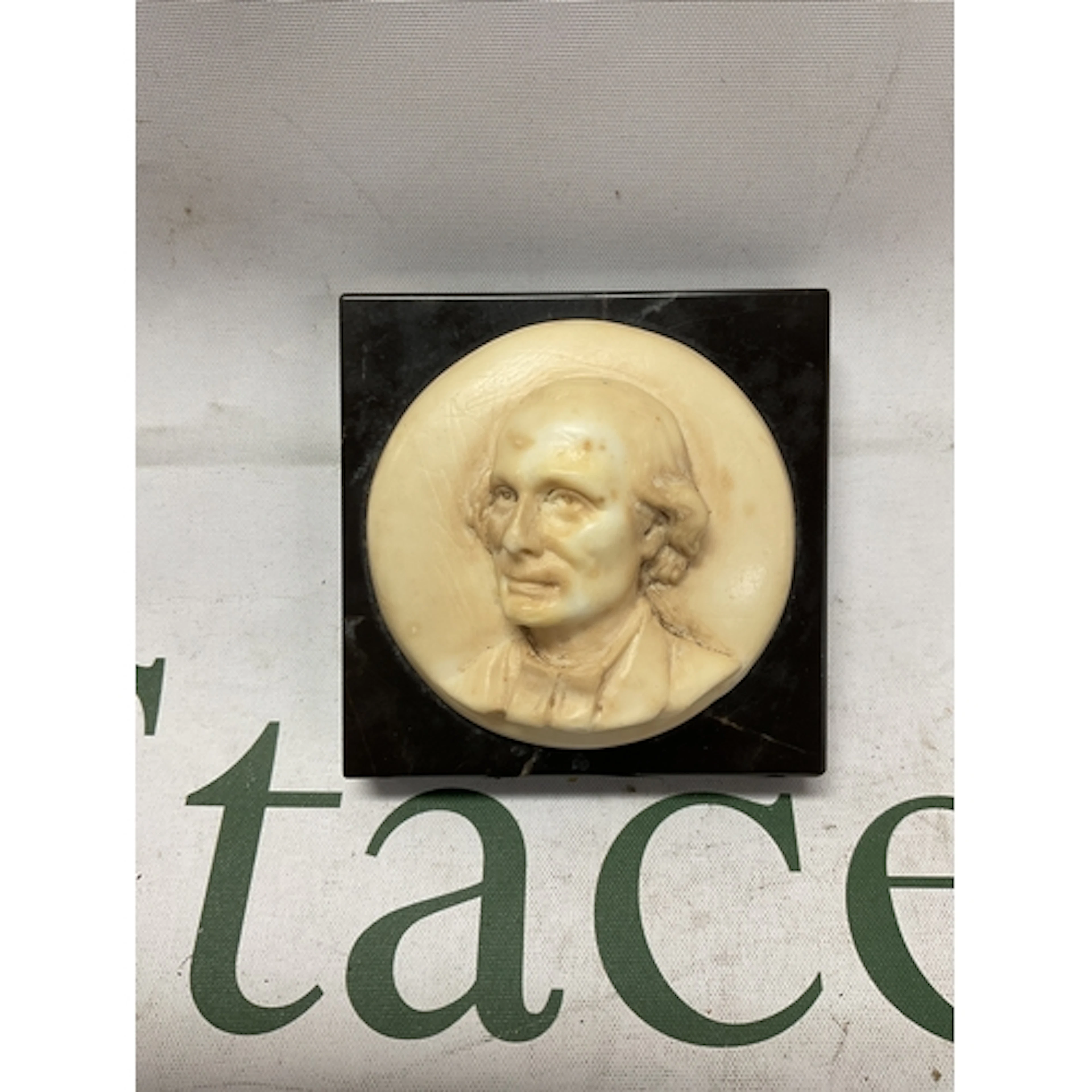 19th C alabaster carved cameo on marble backing, signed to t...