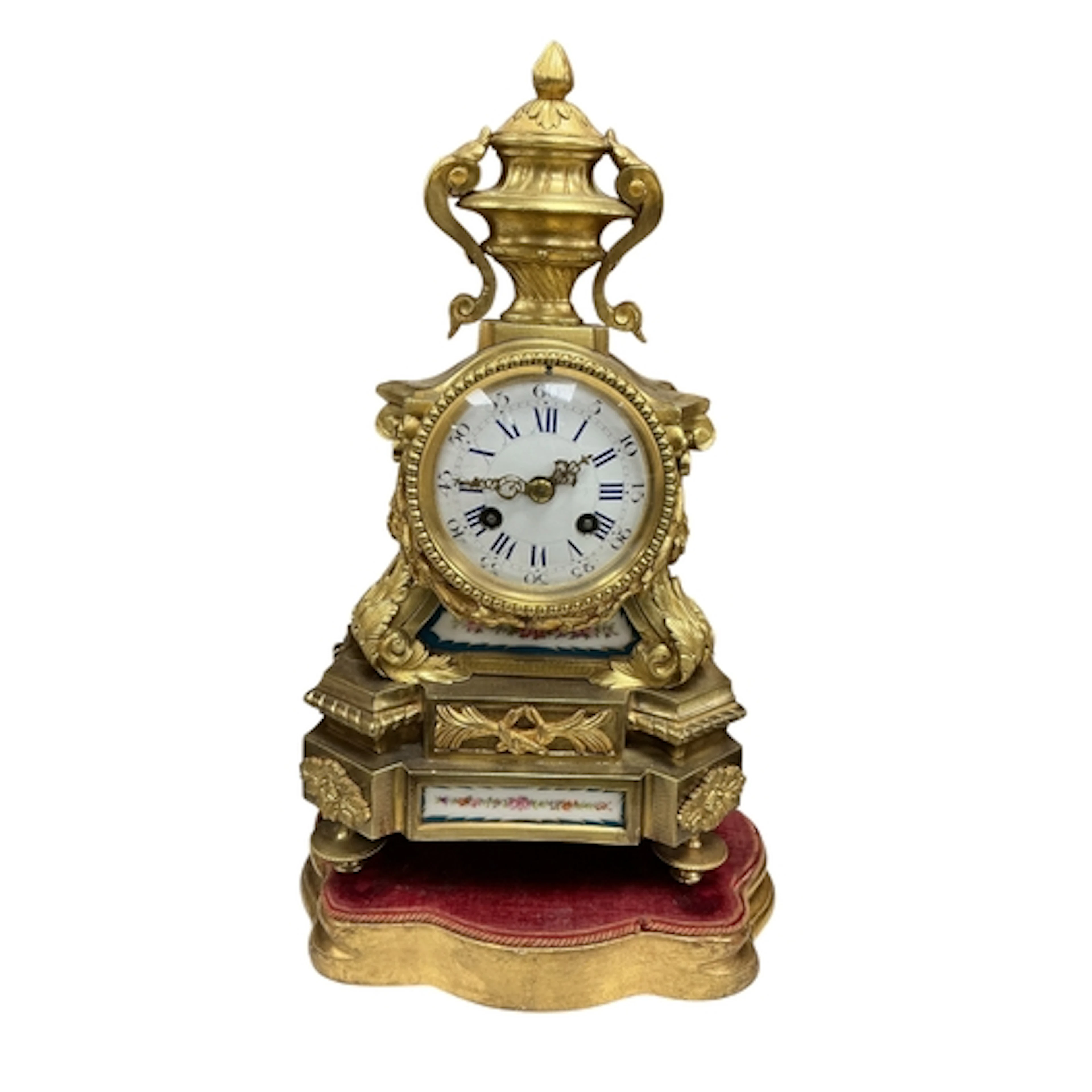 A late 19th century French ormolu mantel clock inset Sevres ...