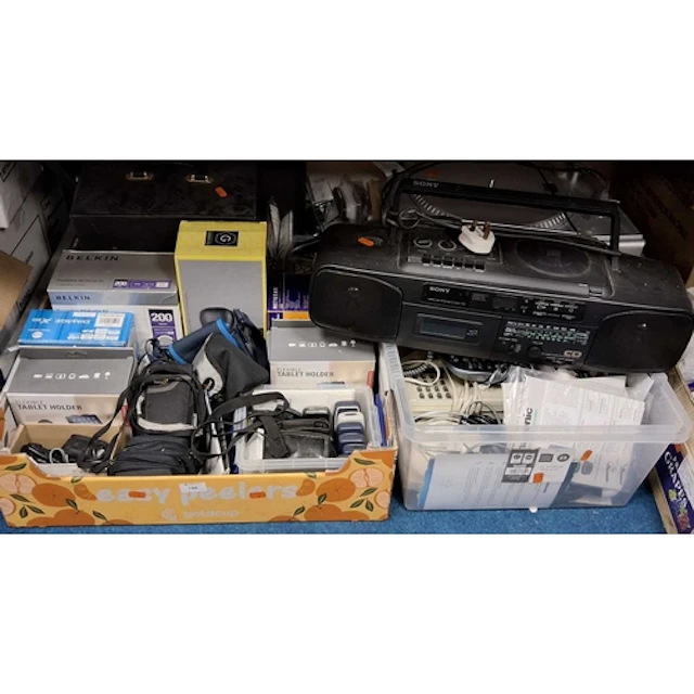 THREE BOXES AND LOOSE ELECTRICAL ITEMS, to include a Sony CF...