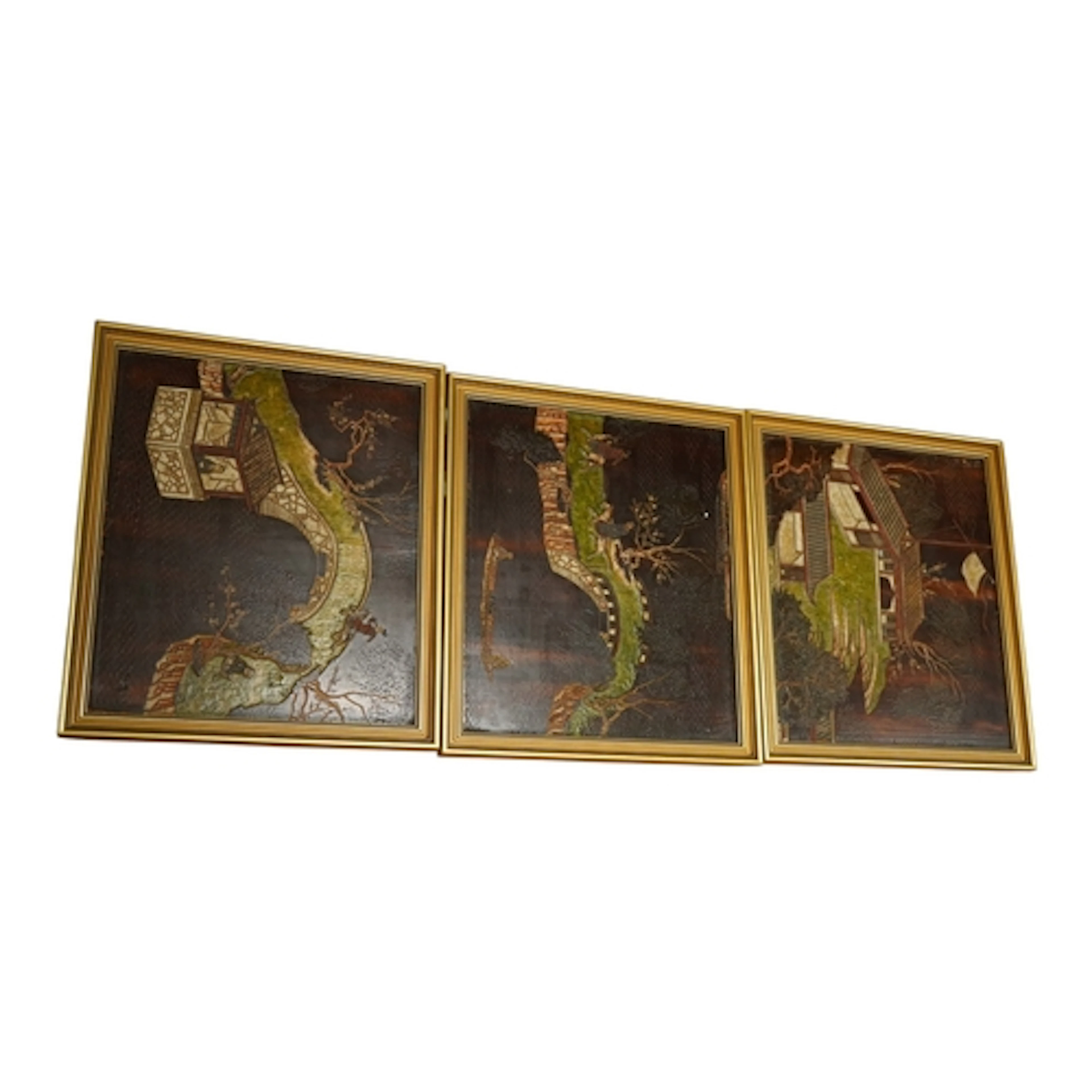 Three Chinese rectangular painted lacquer panels depicting f...