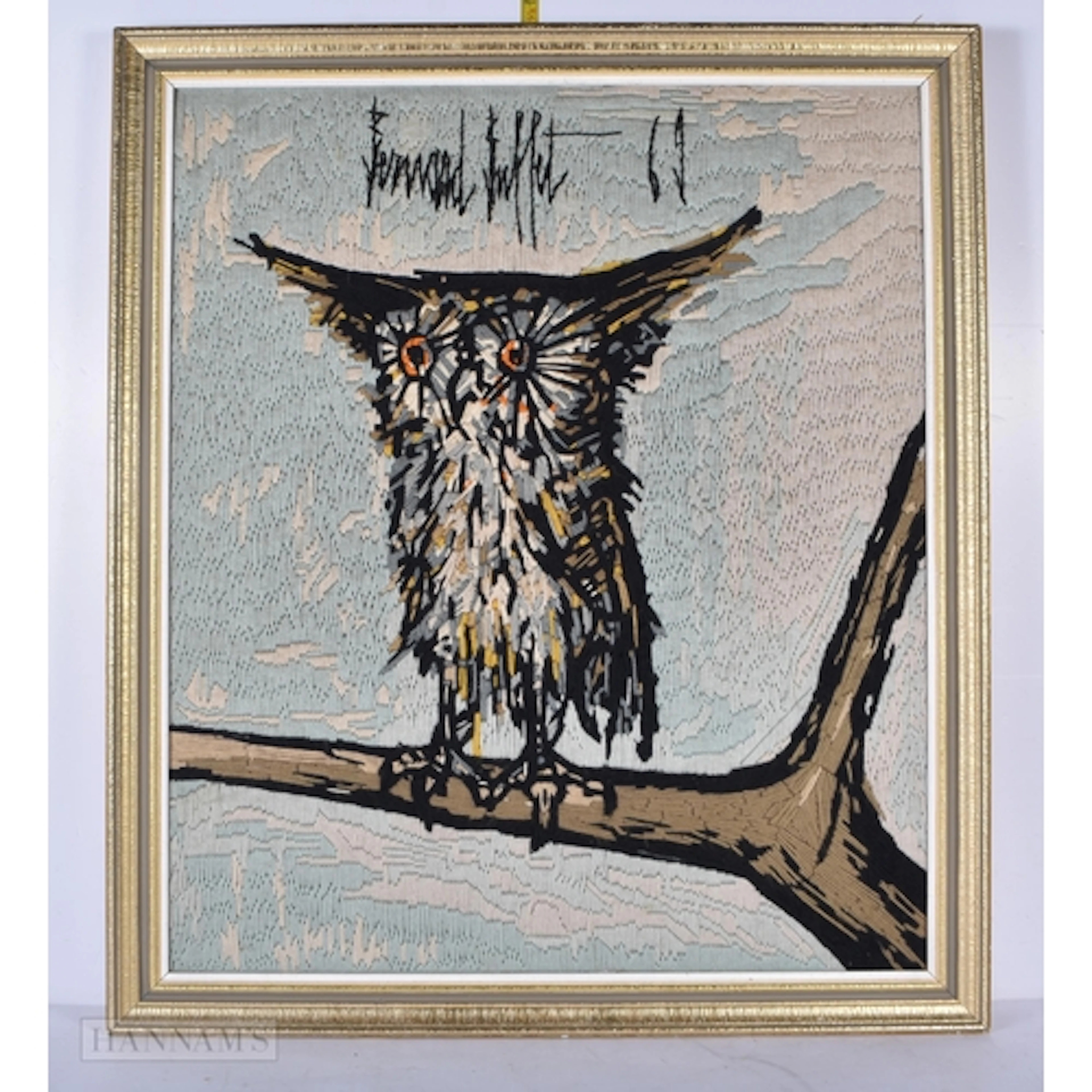 A Bernard Buffet tapestry of an owl frame 68 x 50cm