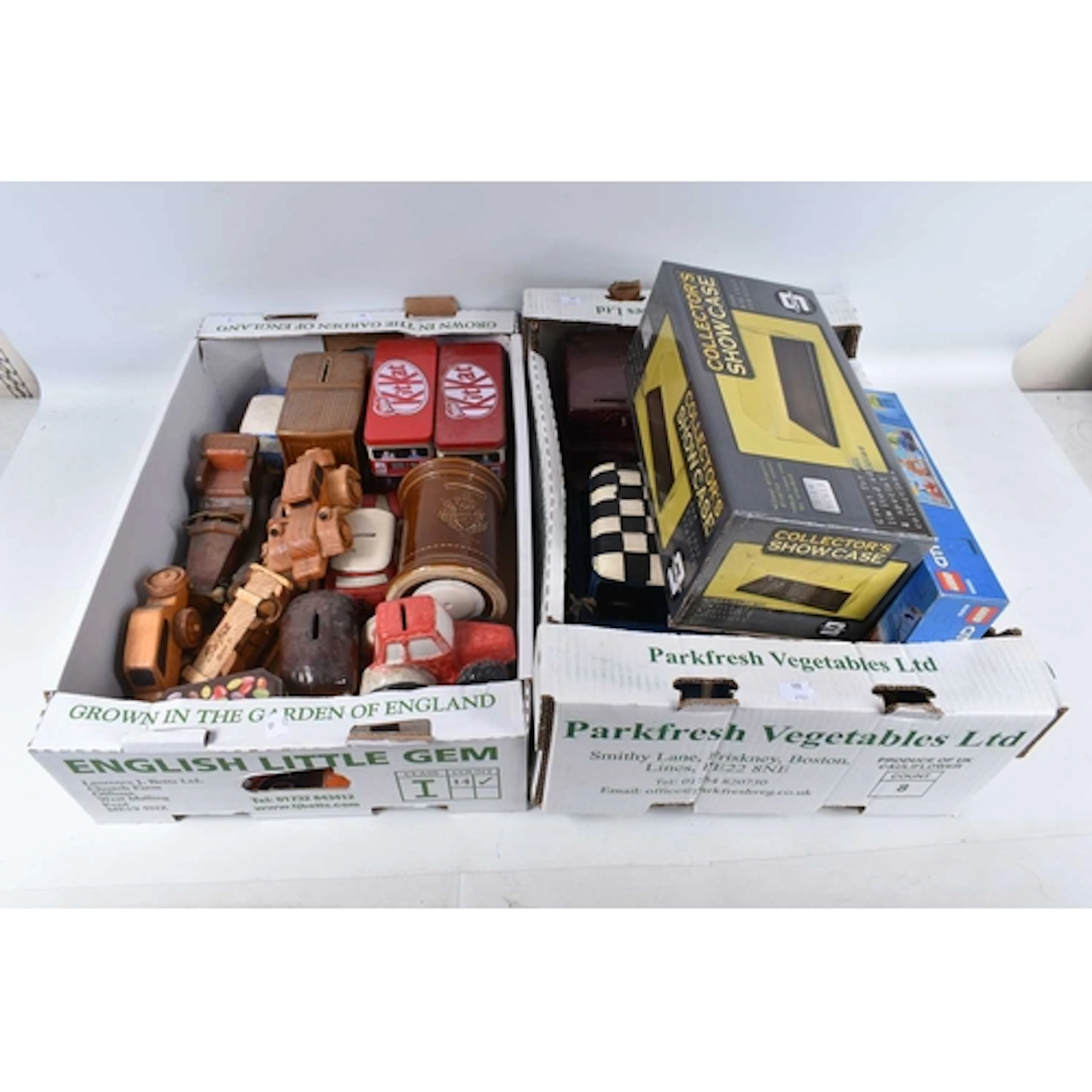 A SELECTION OF VINTAGE TINS, MONEY BOXES AND MODEL VEHICLES,...