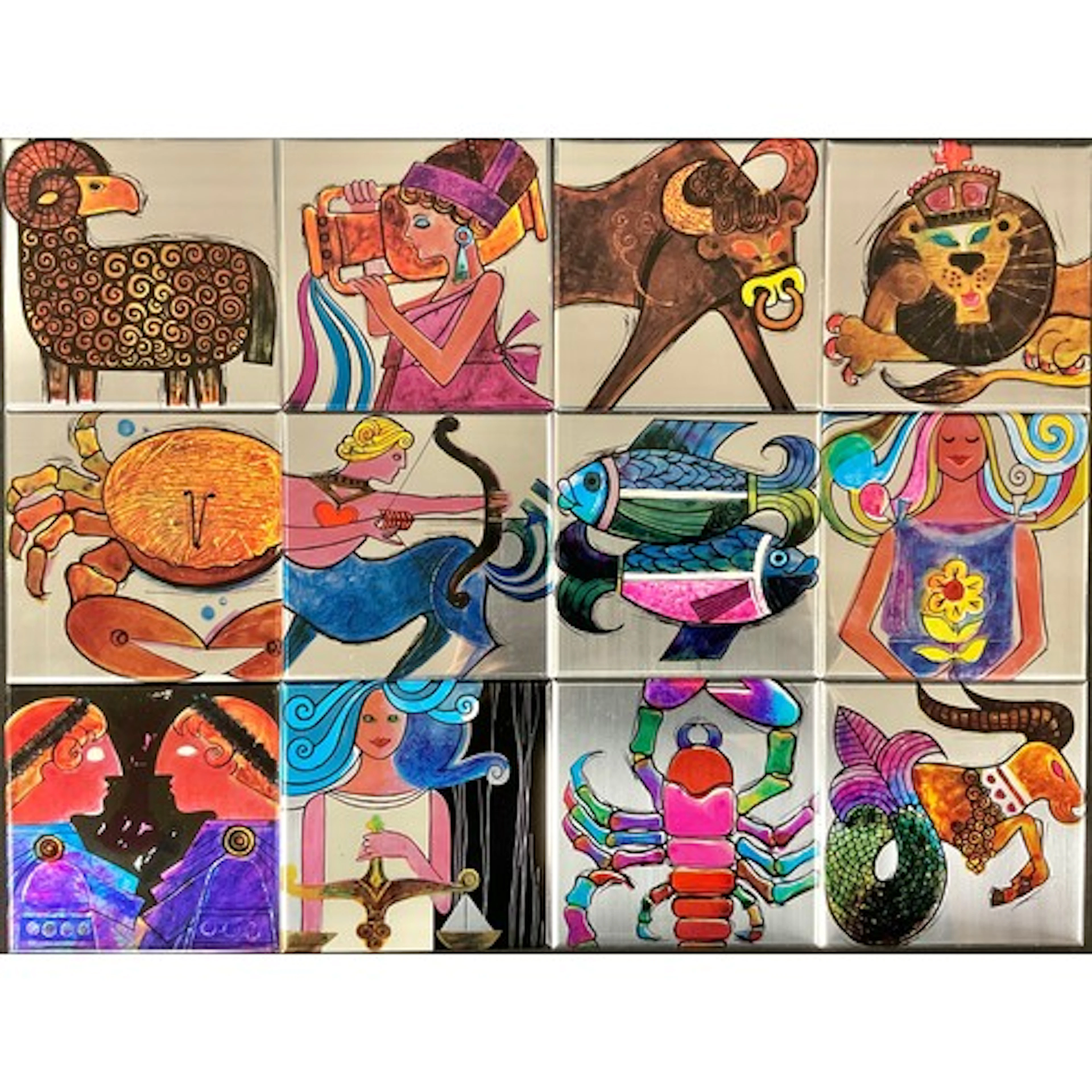 A set of twelve 1970s signs of the Zodiac tile coasters, eac...