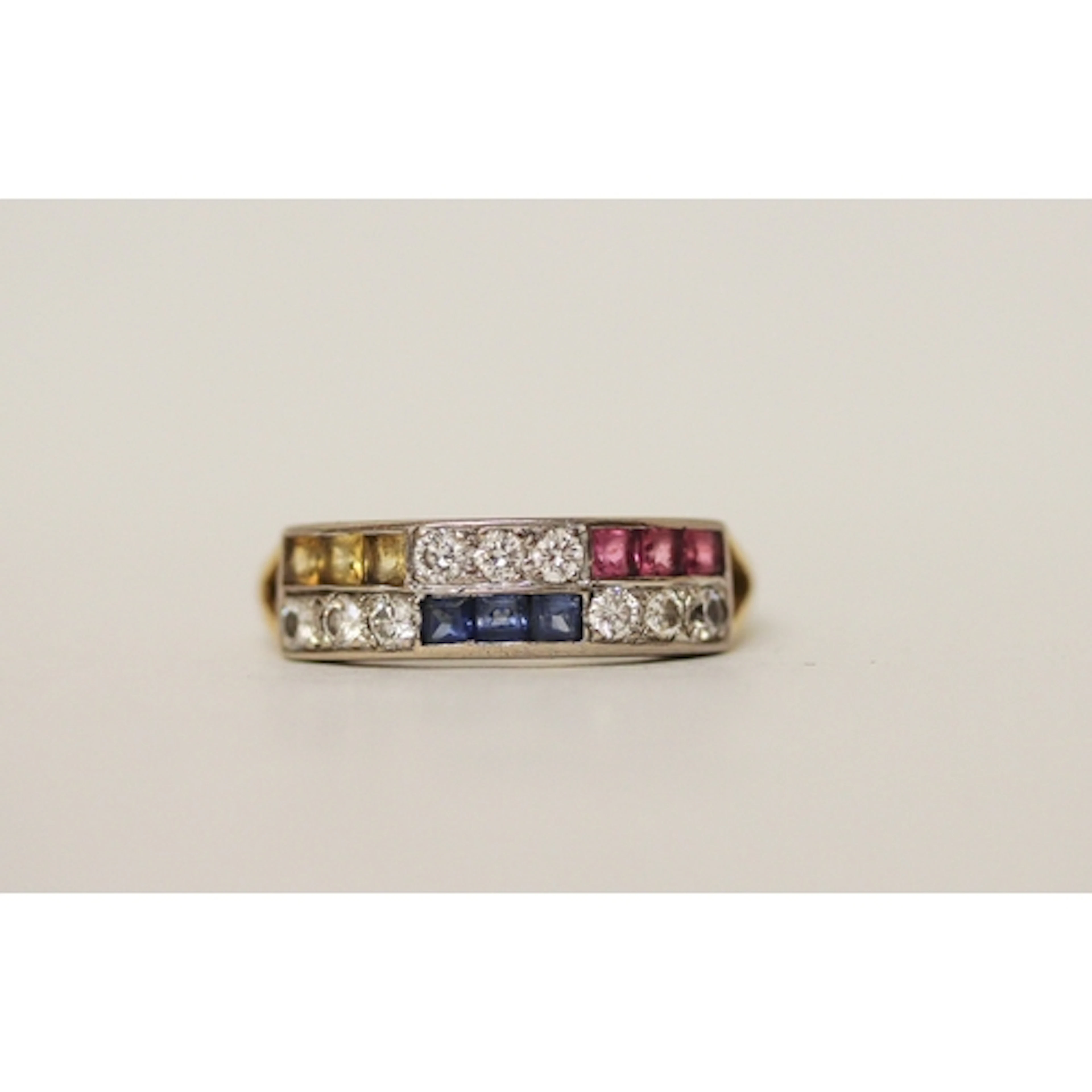 Unusual diamond and coloured sapphire chequer board band rin...