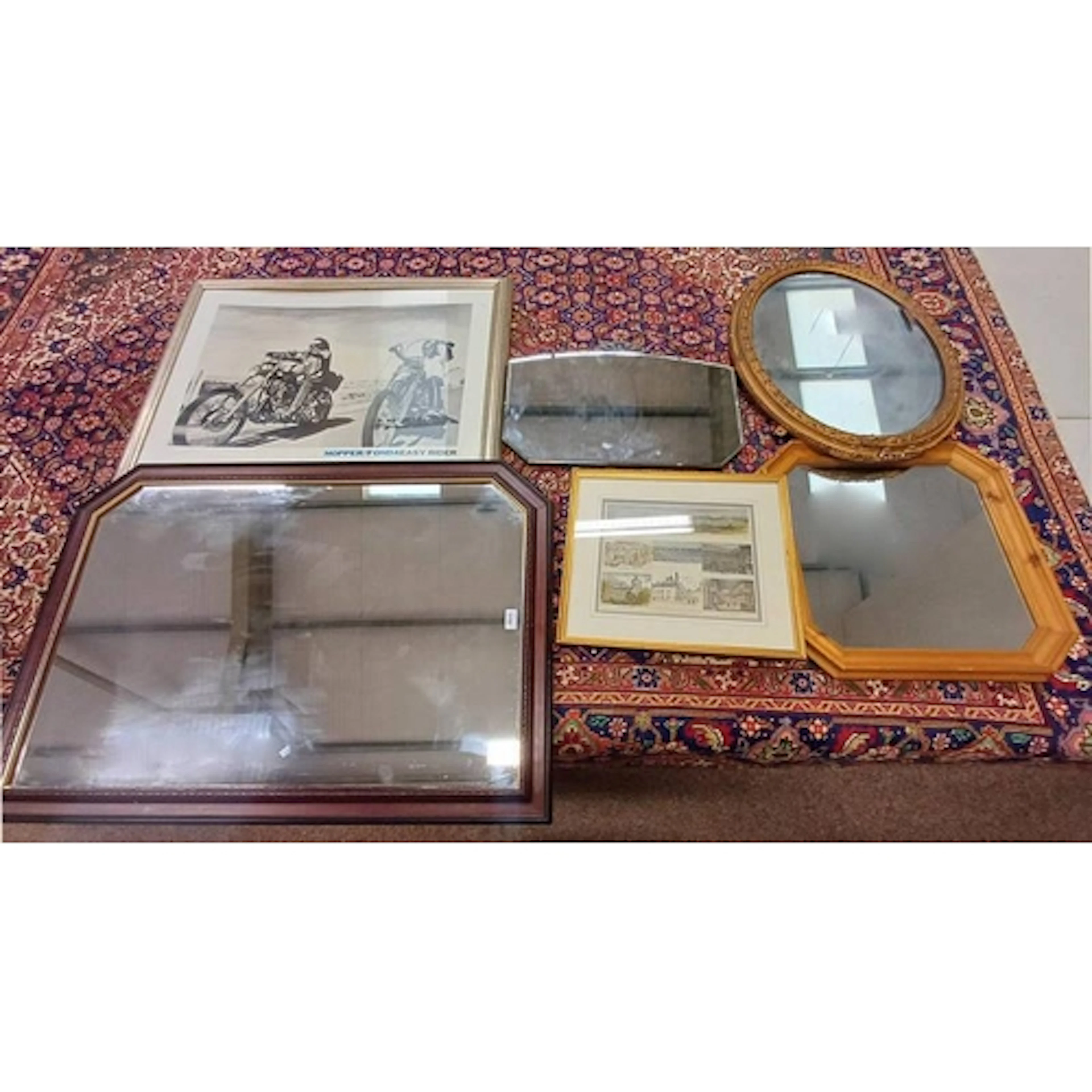 GILT FRAMED MIRROR AND OTHER MIRRORS, MOTORCYCLE RELATED POS...