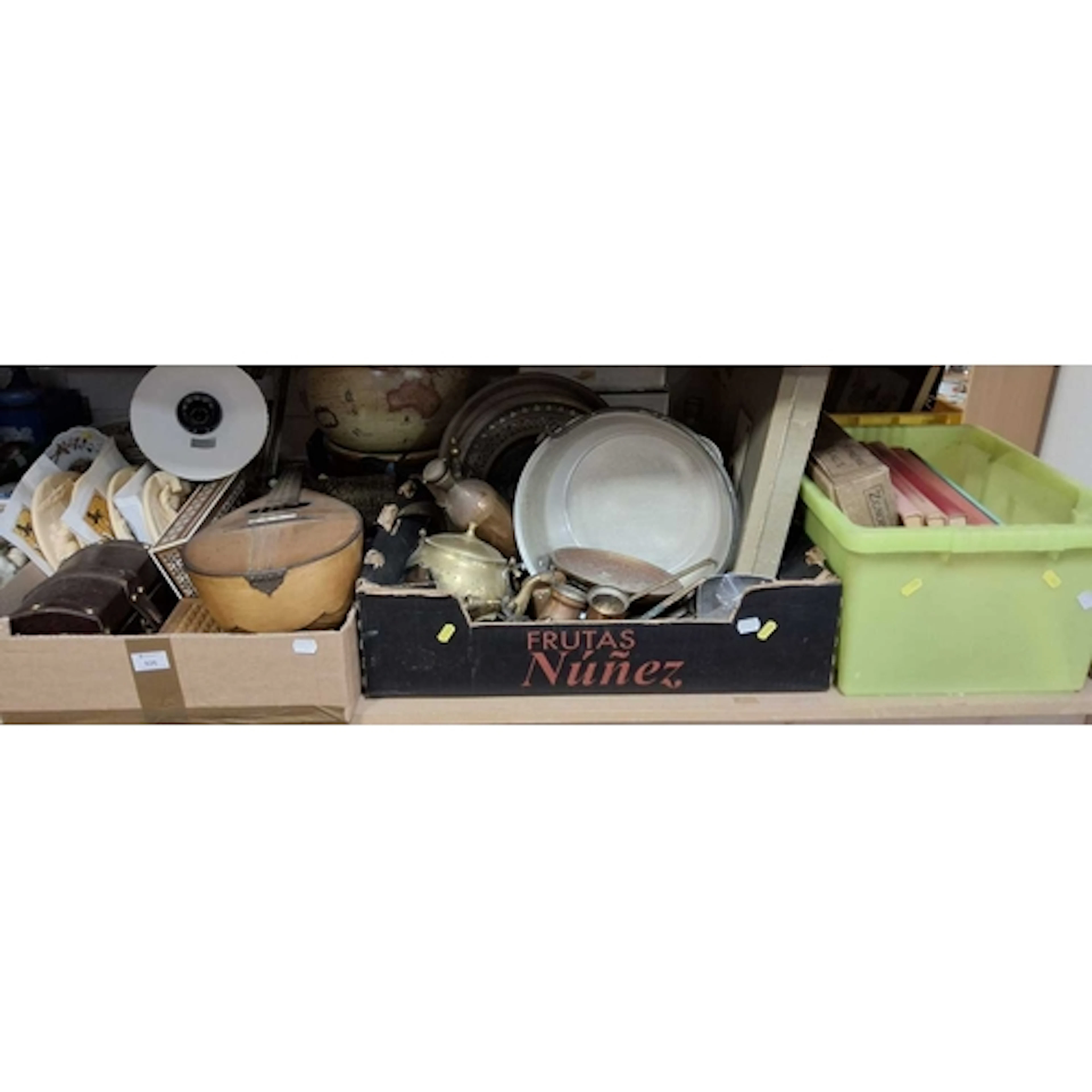 FIVE BOXES AND LOOSE TREEN, METALWARE, PICTURES, TOYS ETC, t...