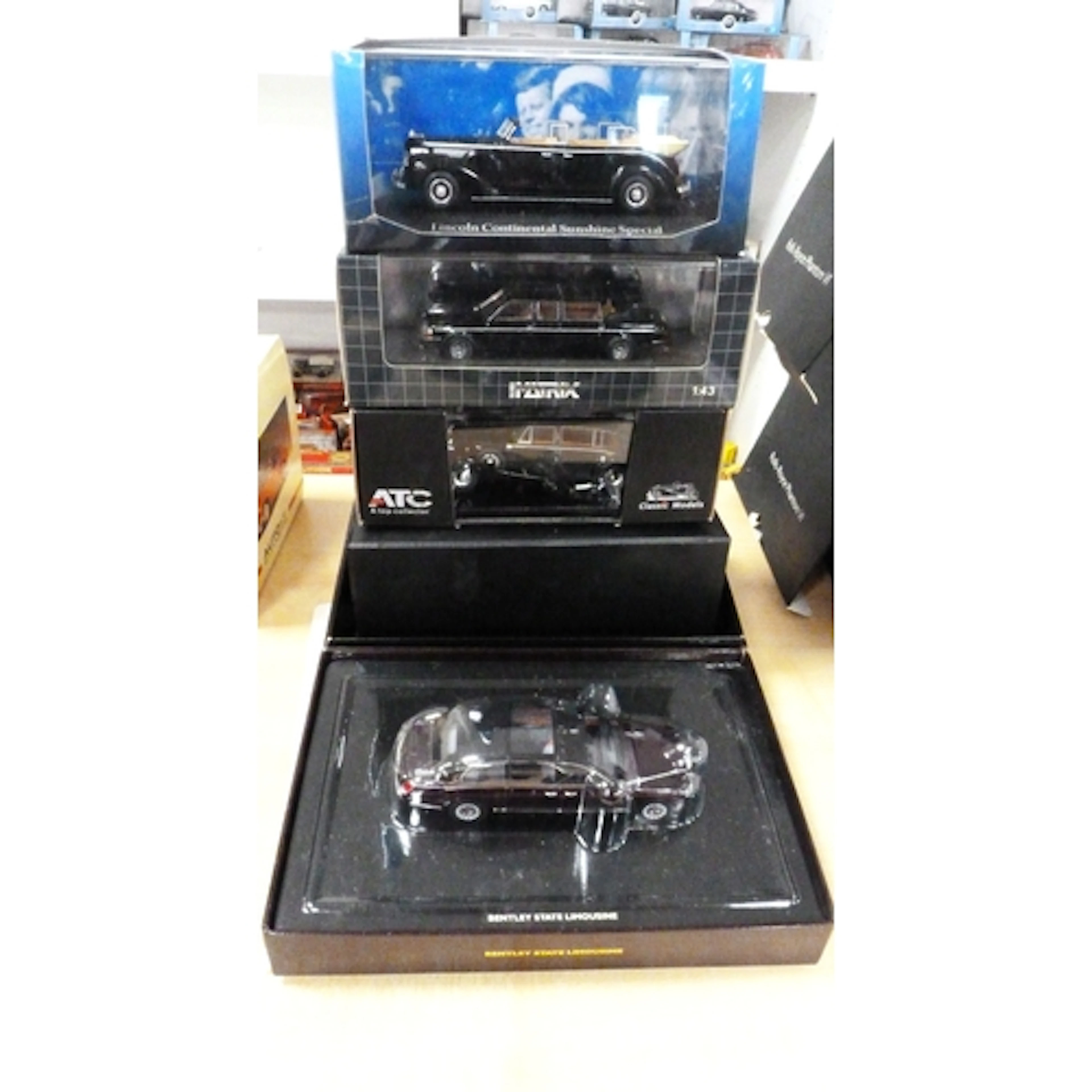 Five assorted boxed scale model cars to include 1963 Daimler...