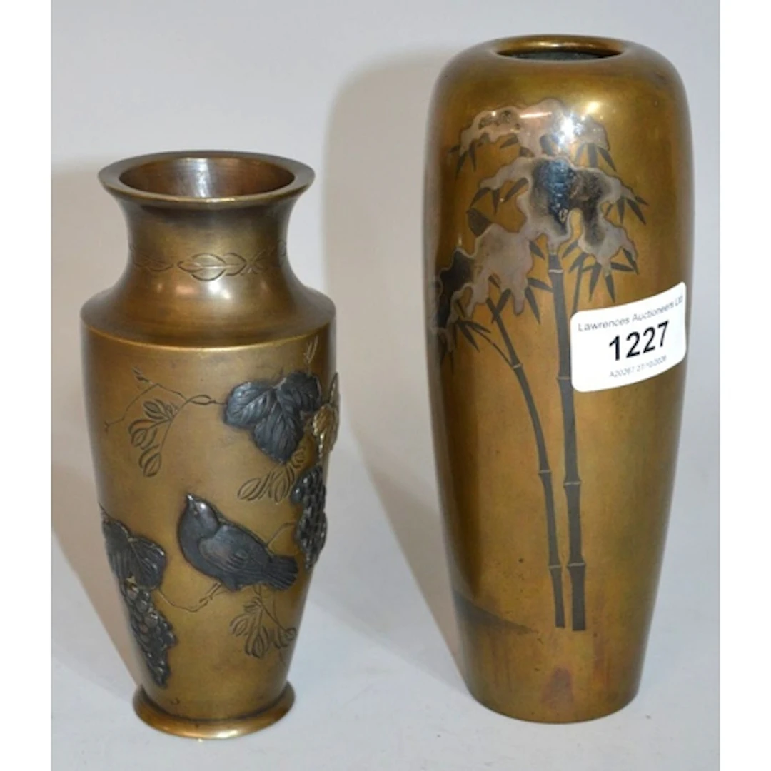 Japanese bronze oviform vase, decorated with bamboo and bird...