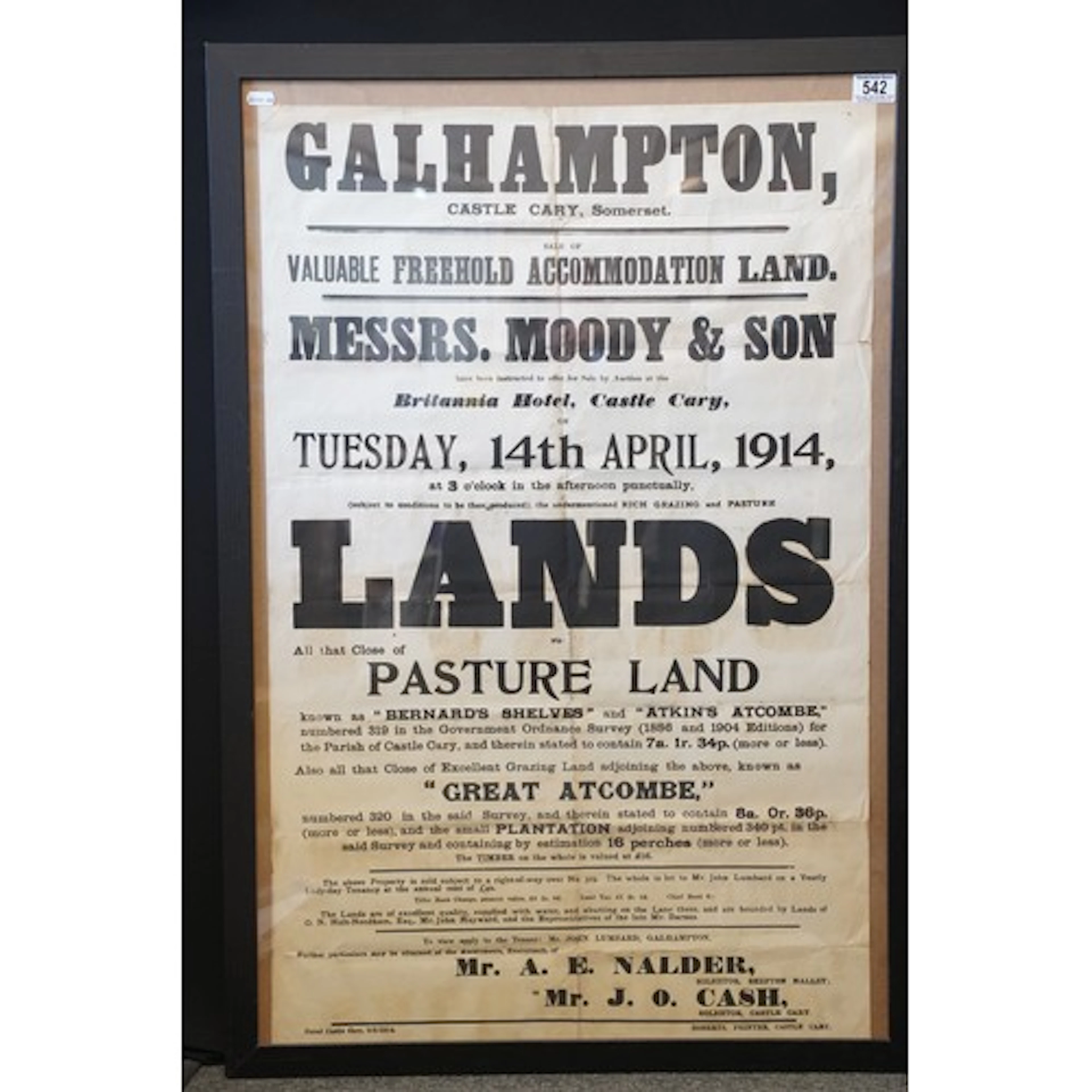 1914 auction poster - Messrs. Moody & Son - Galhampton, Cast...
