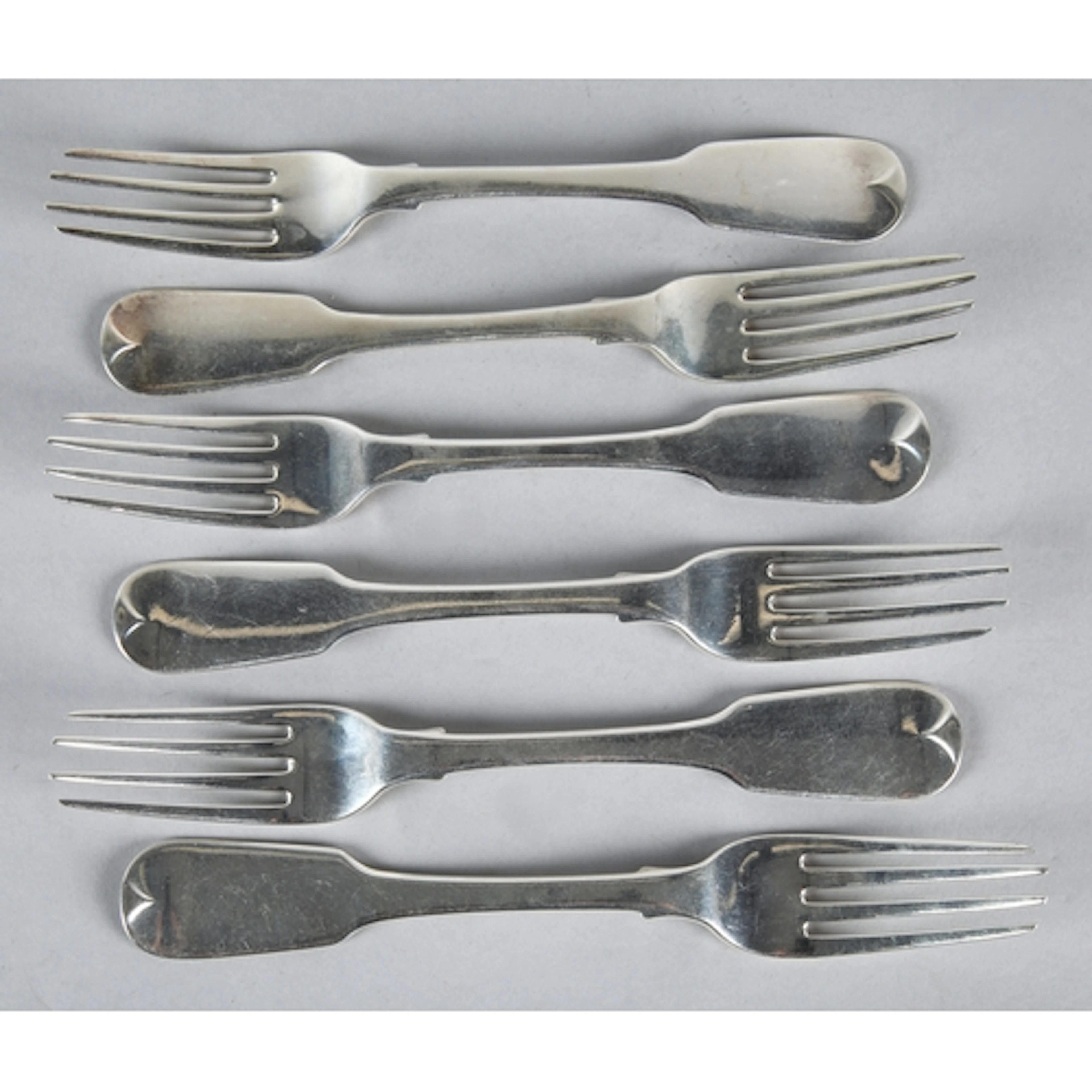 Set of six George IV silver fiddle pattern entree forks, Lon...