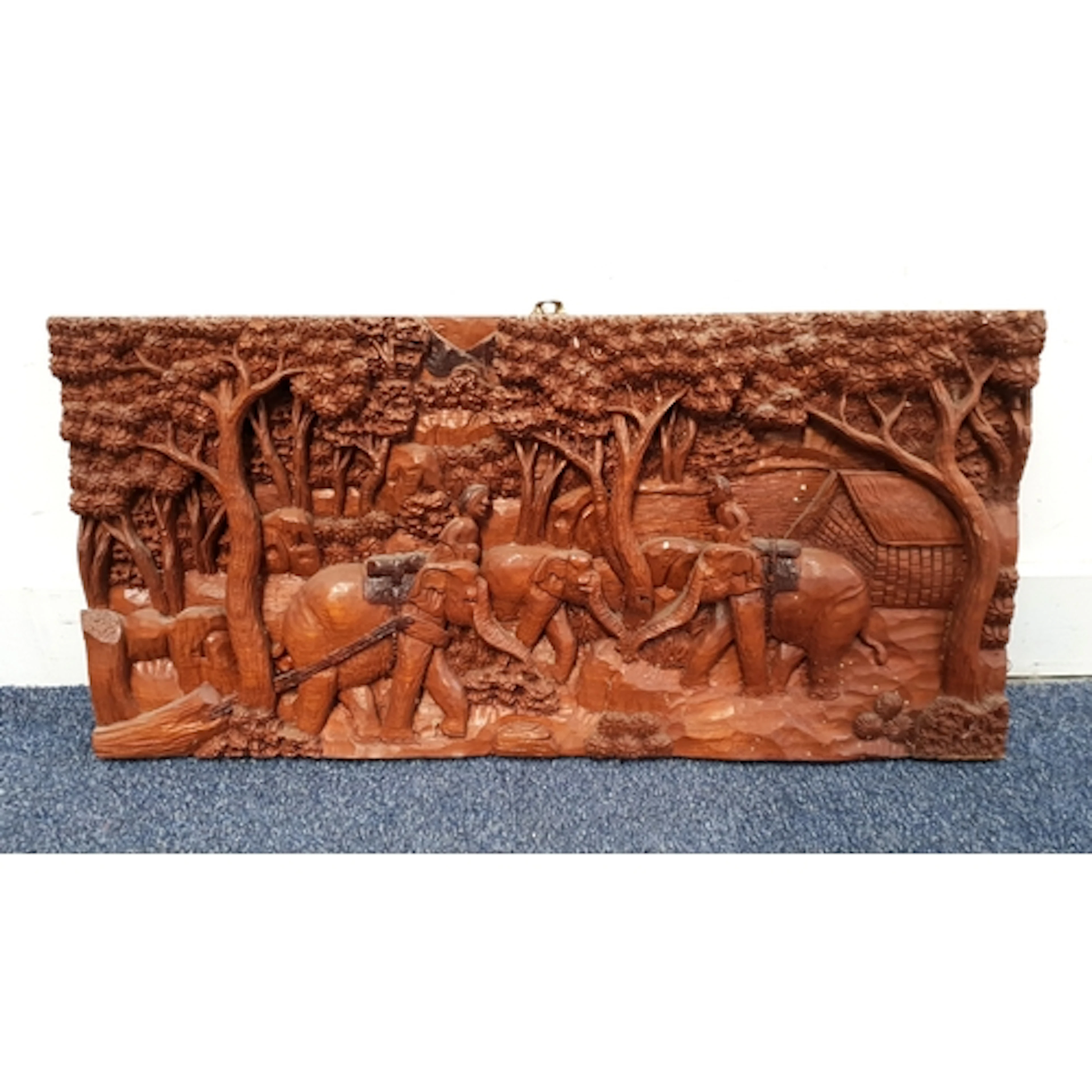 CARVED HARDWOOD INDIGENOUS FOLK ART PANEL OF ELEPHANTS in a ...