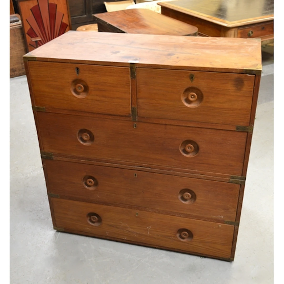 19th Century teak military two part chest, of two short over...