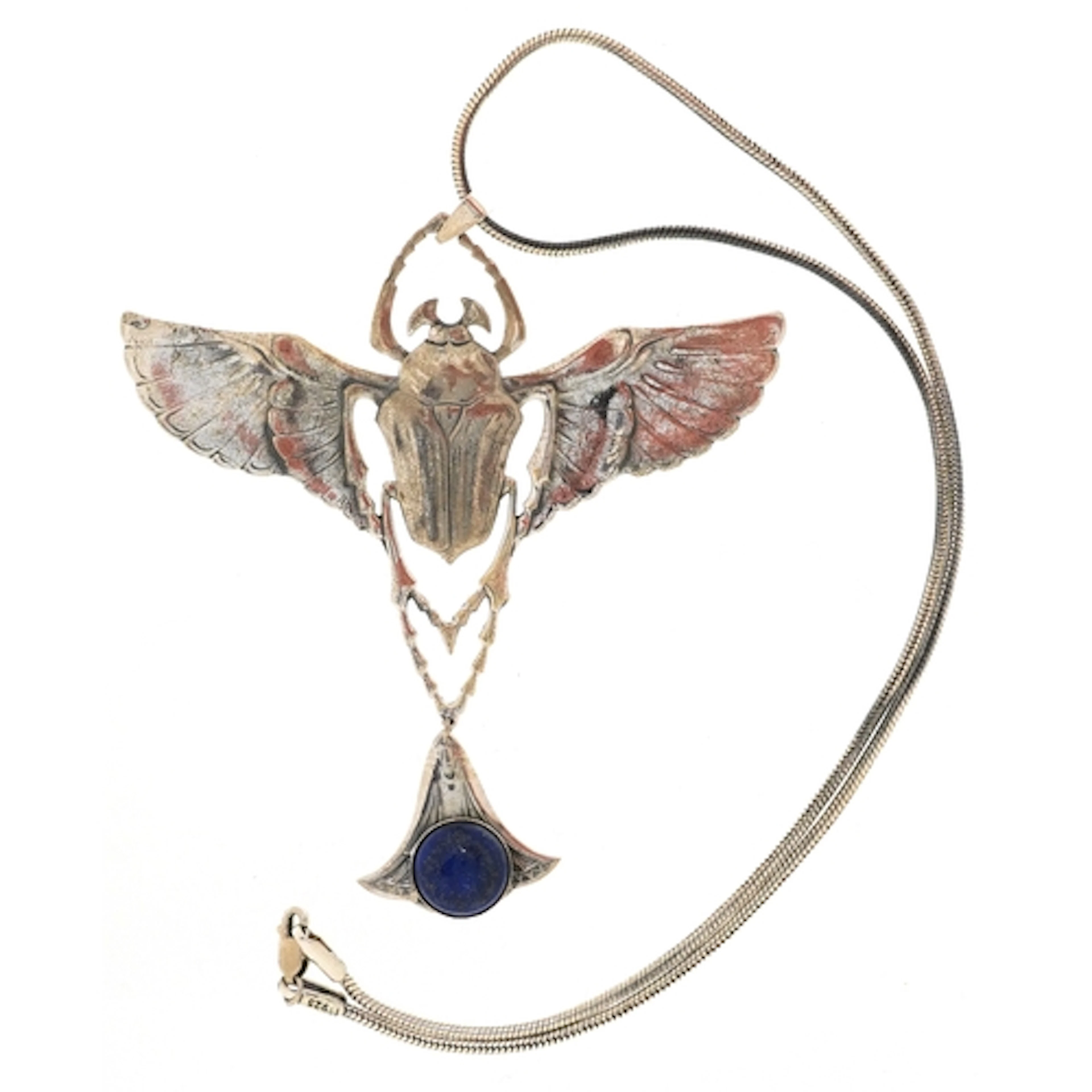 Egyptian revival silver and lapis lazuli scarab beetle desig...