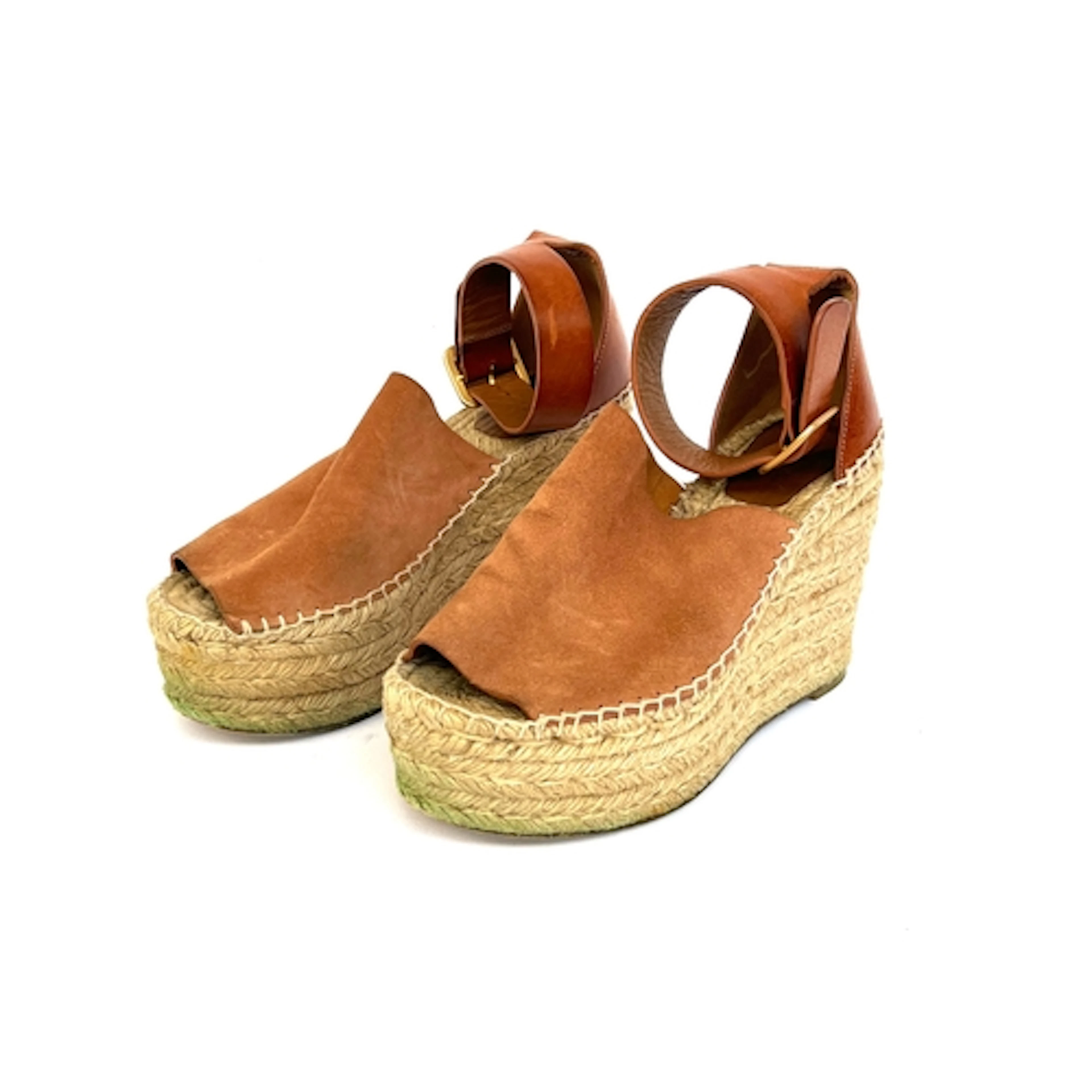 A pair of Chloe brown suede espadrille wedge platform shoes,...