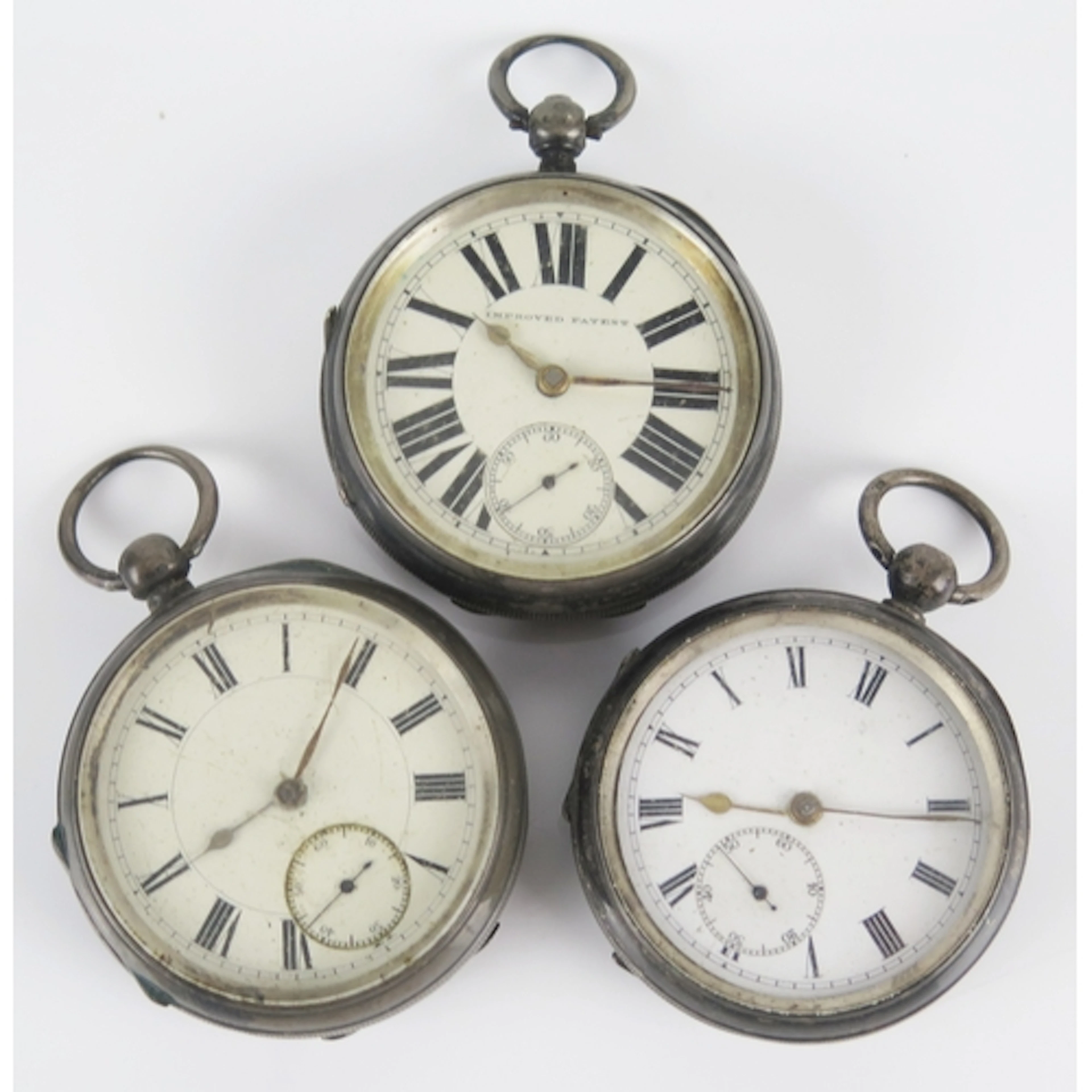 Three silver cased open dial key wound pocket watches: 56mm ...
