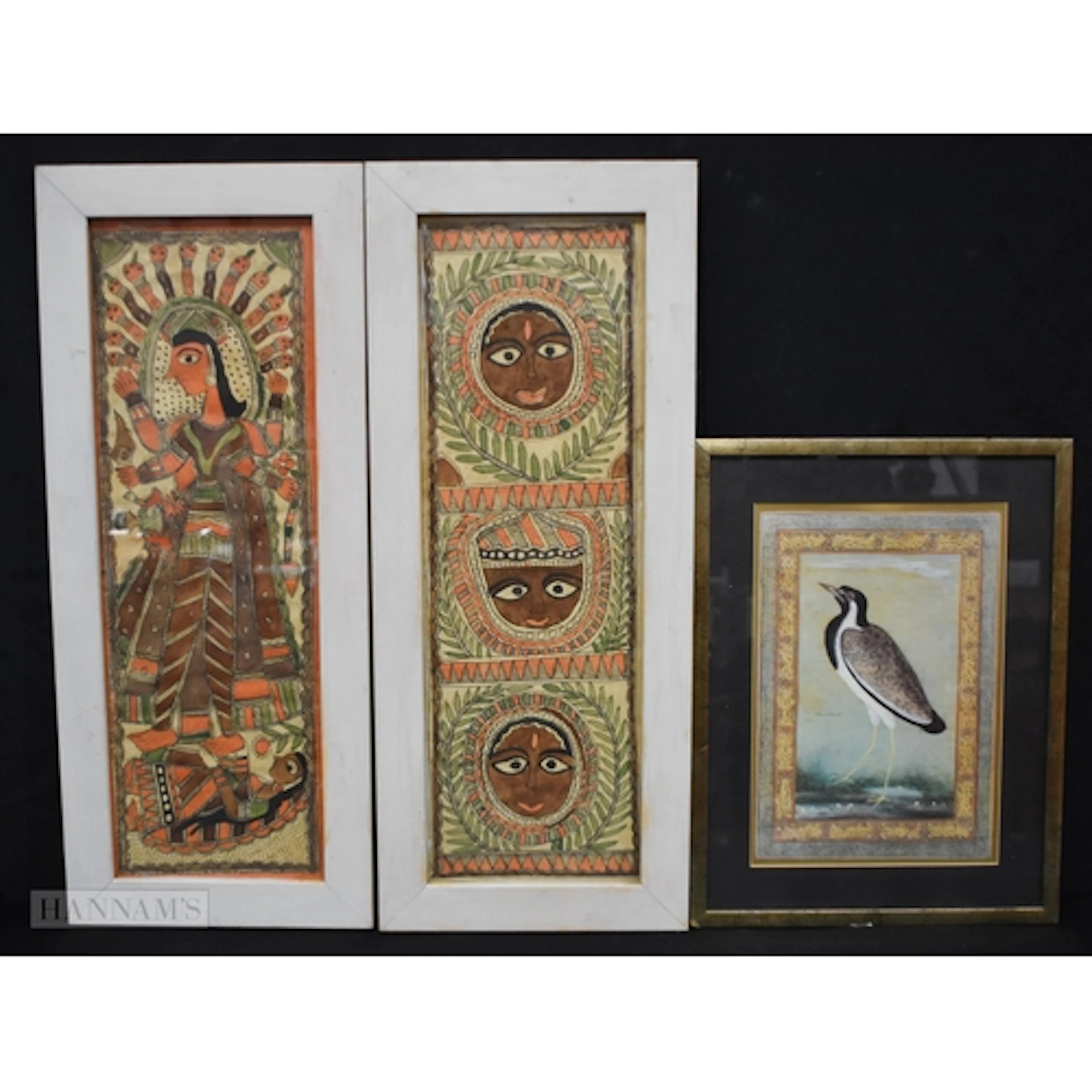 Two framed Indian Madhubani watercolours together with a fr...