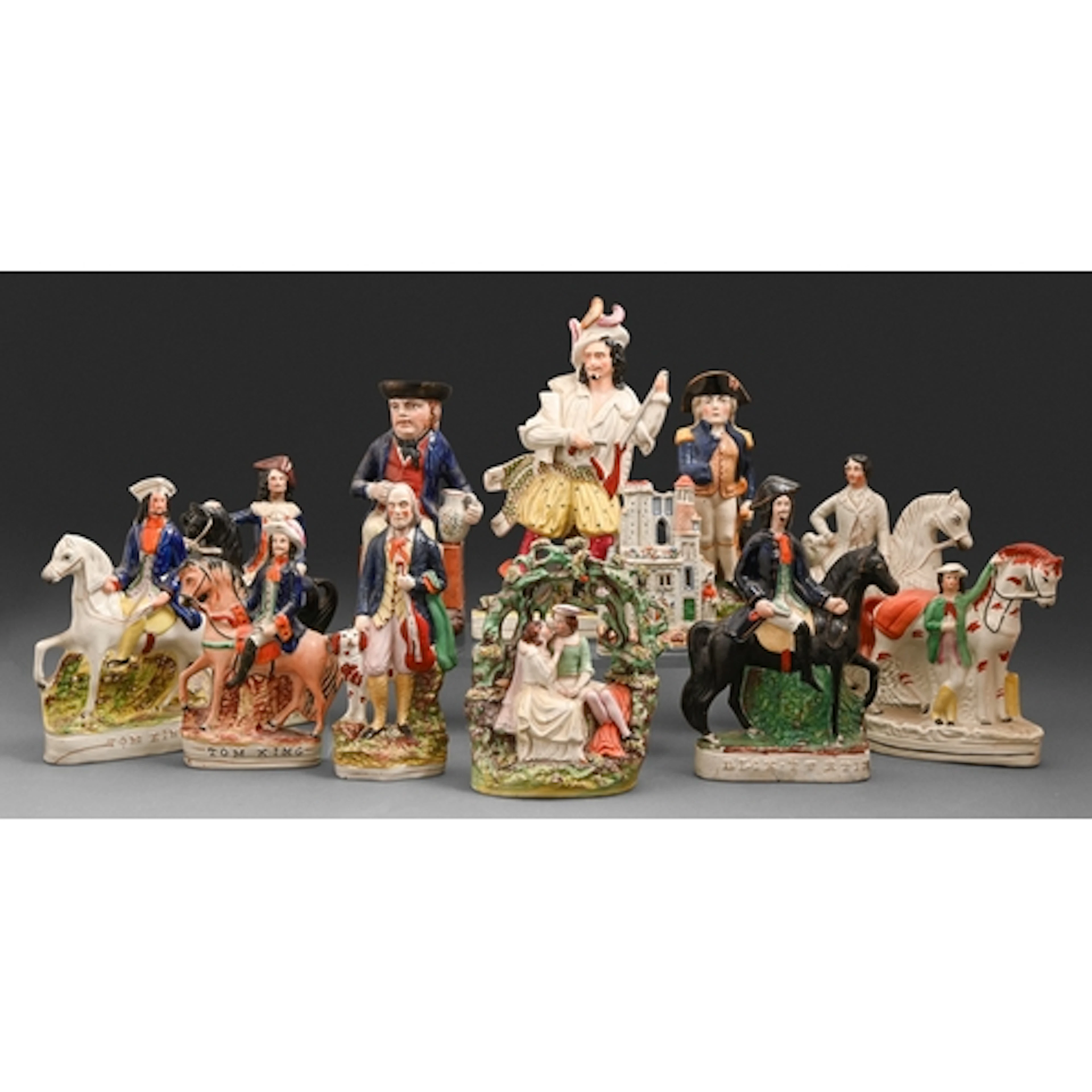 Nine Staffordshire flatback portrait figures, a pastille bur...