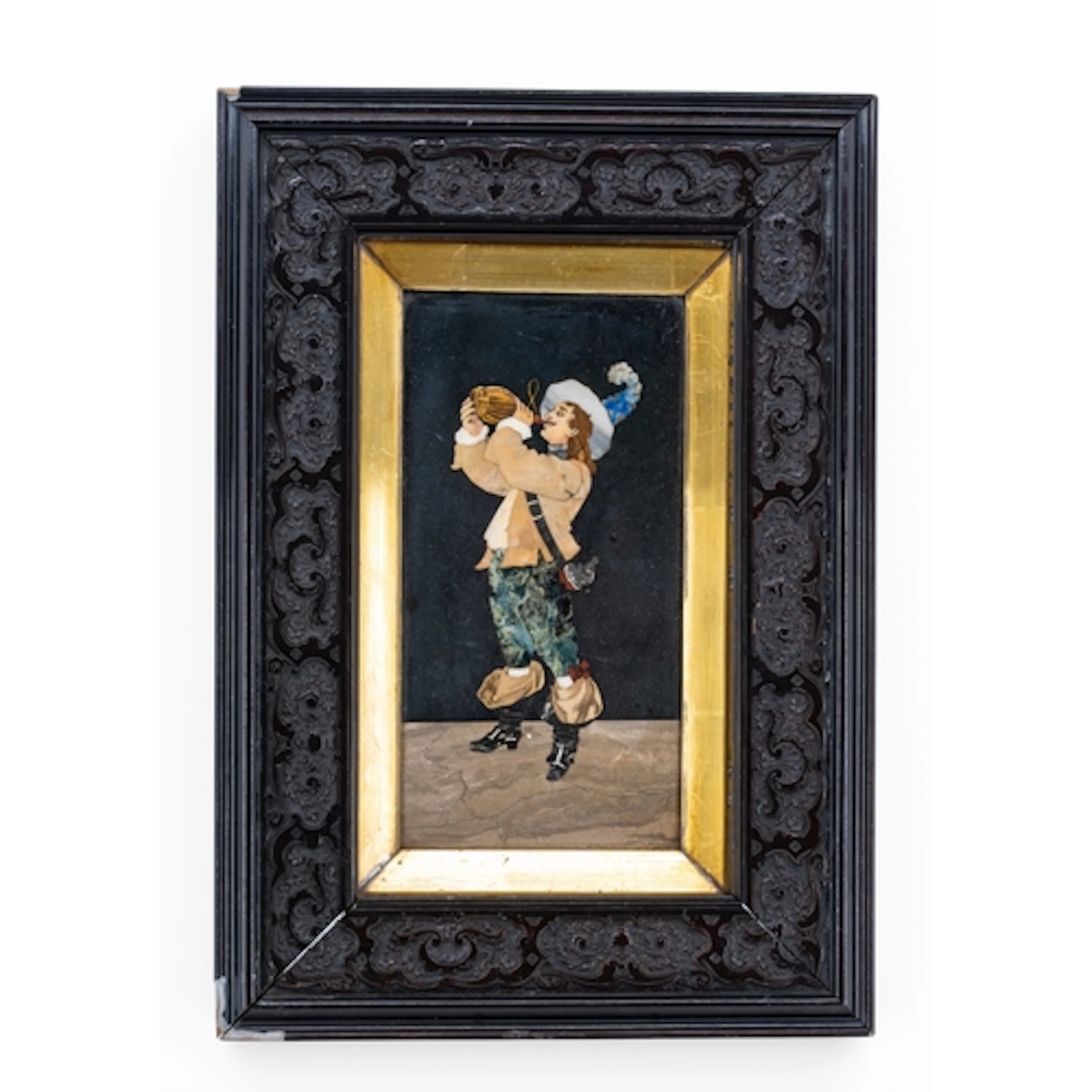 AN ITALIAN PIETRA DURA PICTURE of a man at arms drinking fro...