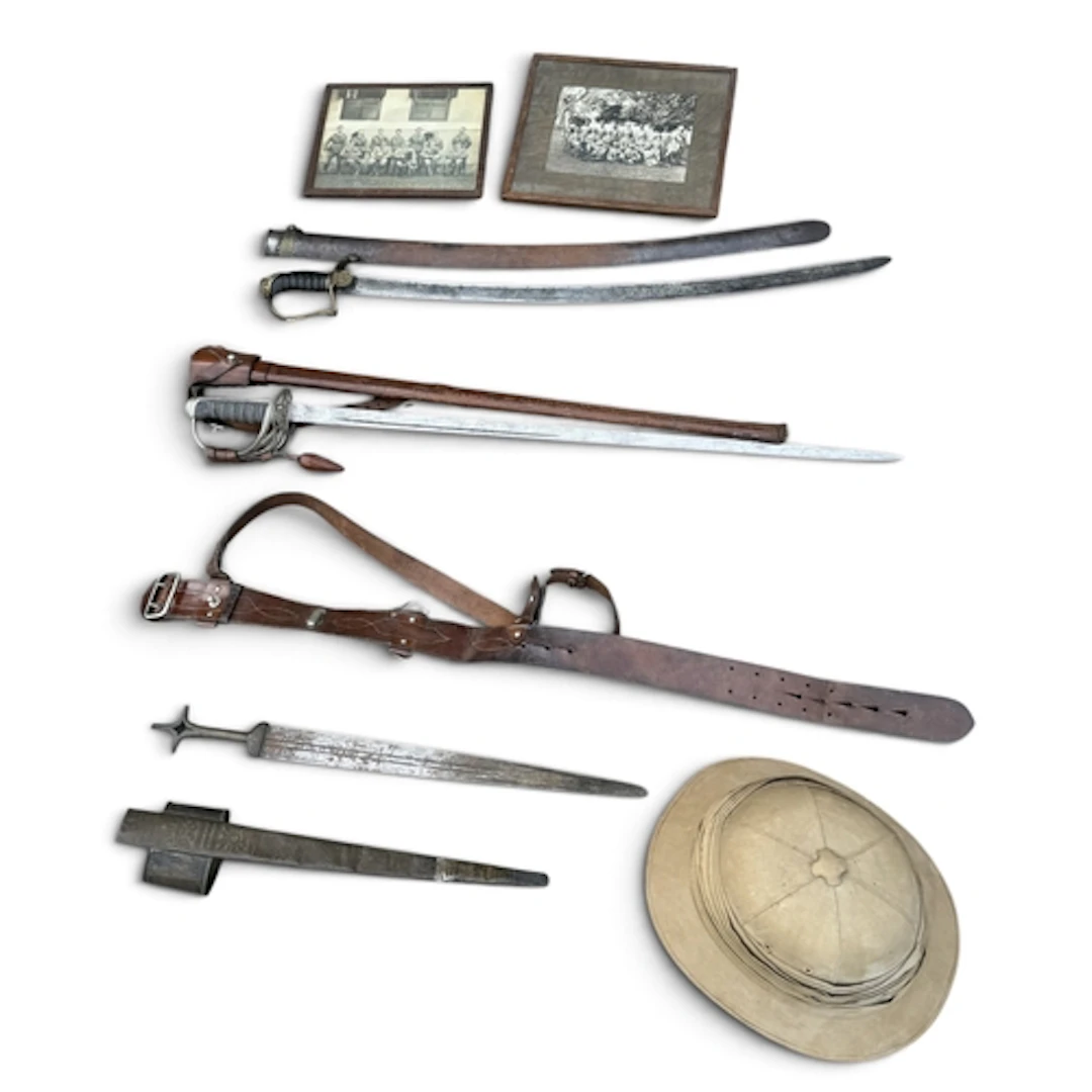 TWO ANTIQUE SWORDS, A SHORT SWORD, A LEATHER MILITARY BELT, ...