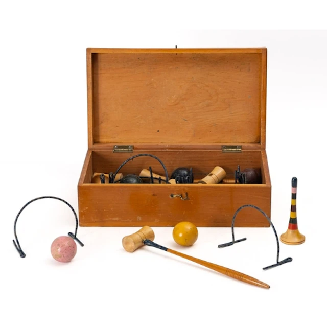 A 20th Century Table Croquet set. Comprising mallets, hoops ...