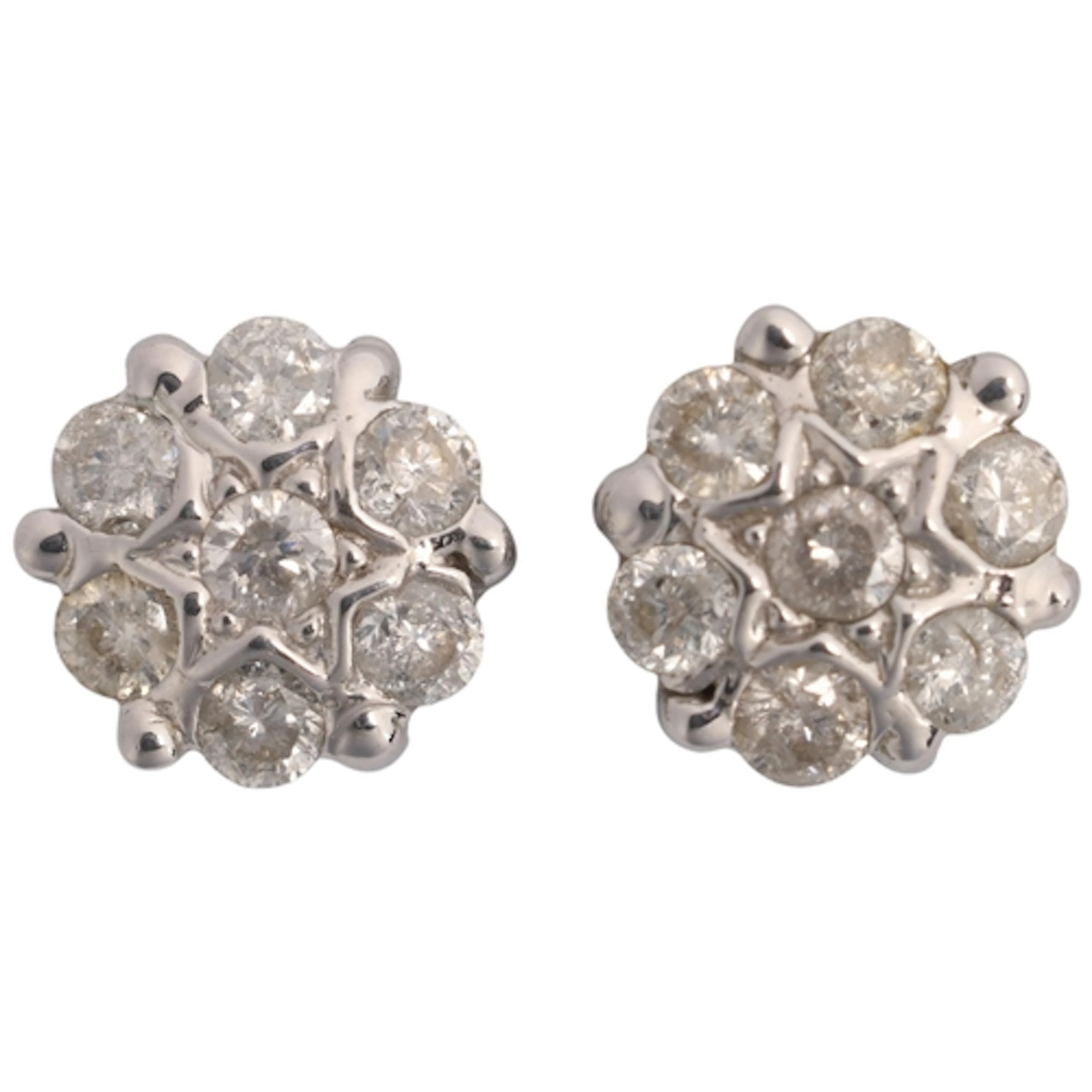 A pair of 9ct gold diamond cluster stud earrings, each set w...