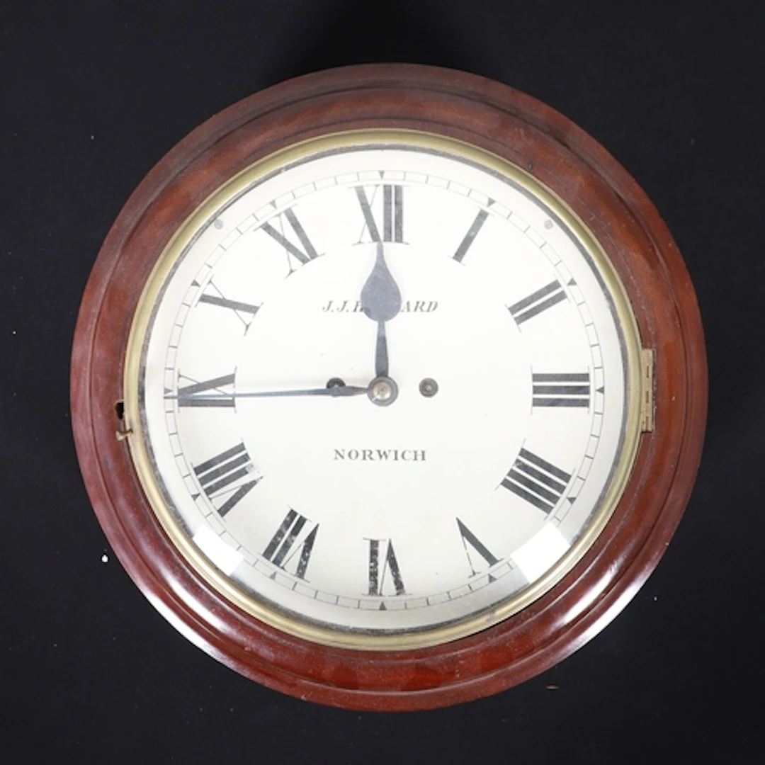 A LARGE 19TH CENTURY MAHOGANY WALL CLOCK. the painted 12" di...