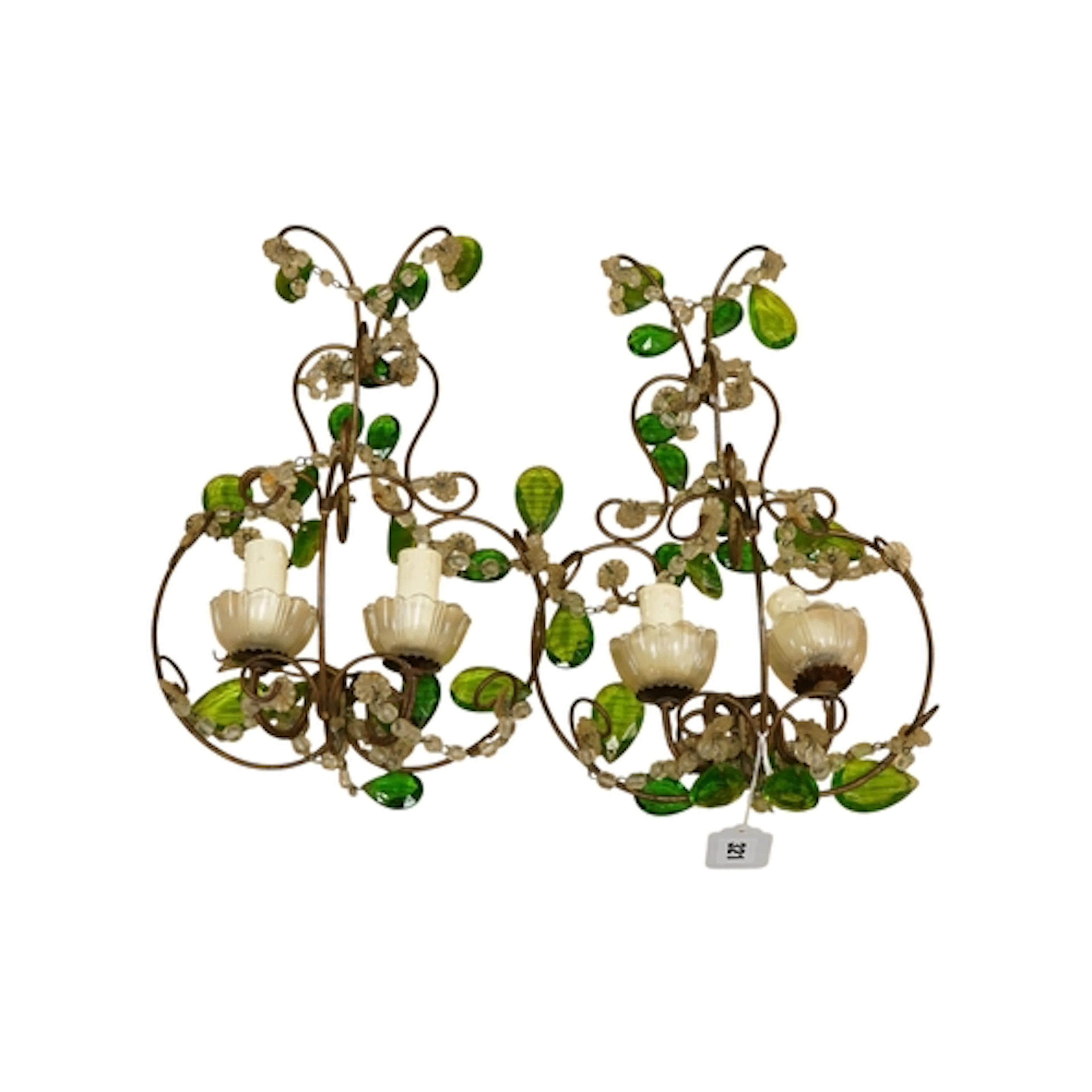 A pair of decorative glass coloured glass and wrought metal ...
