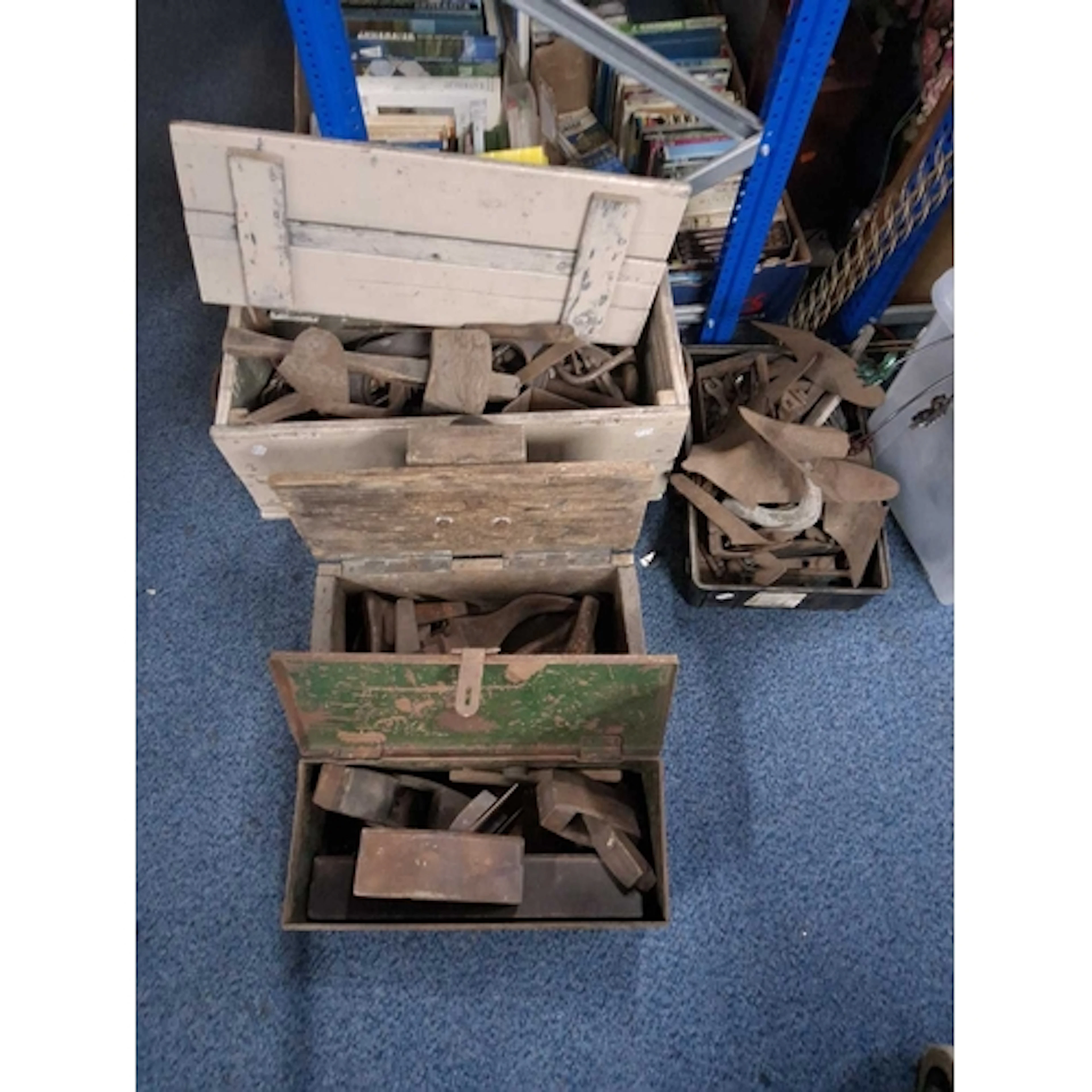 FOUR CONTINERS OF VINTAGE TOOLS AND SHOE RELATED ITEMS inclu...