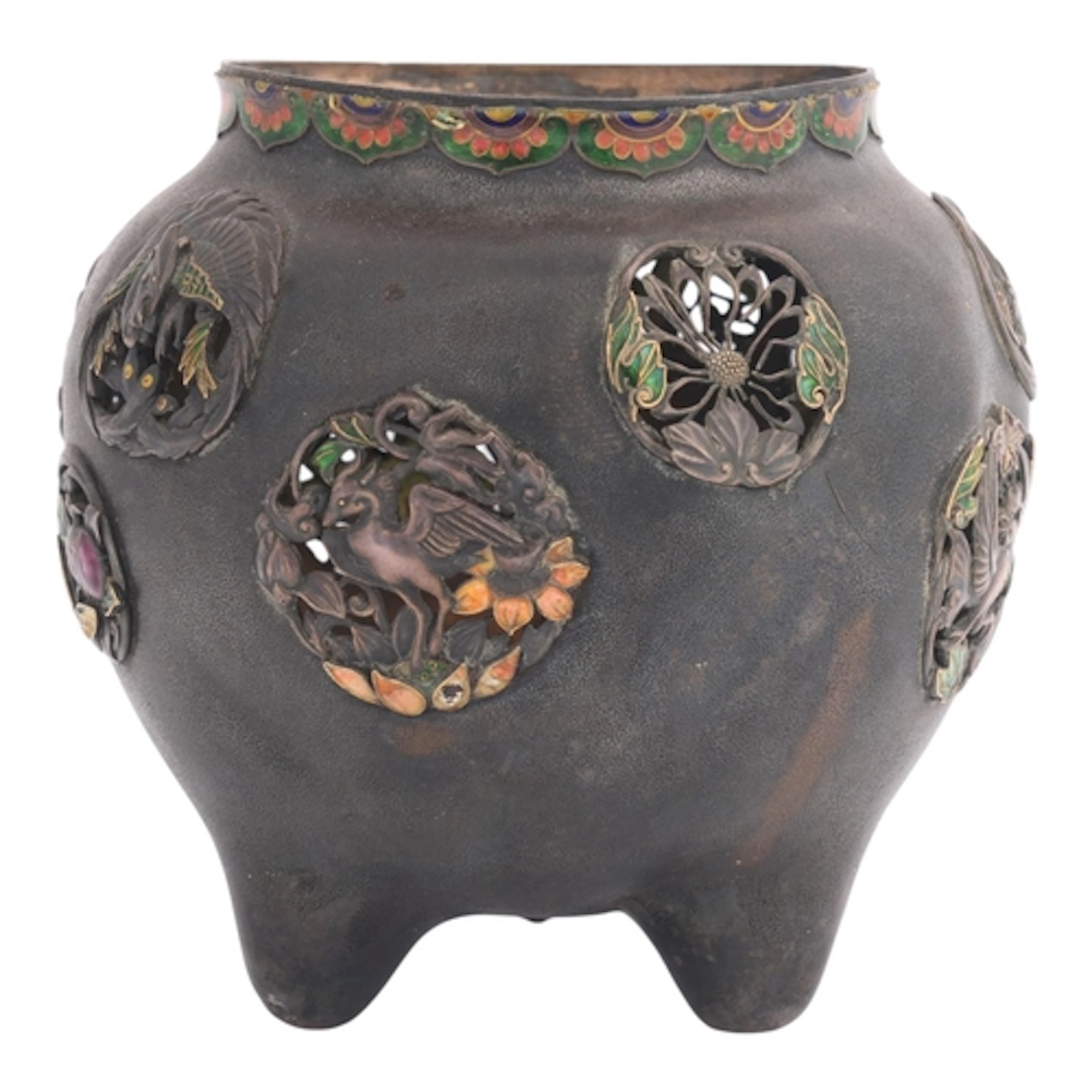 A Japanese Meiji Period silver and enamel koro, globular for...
